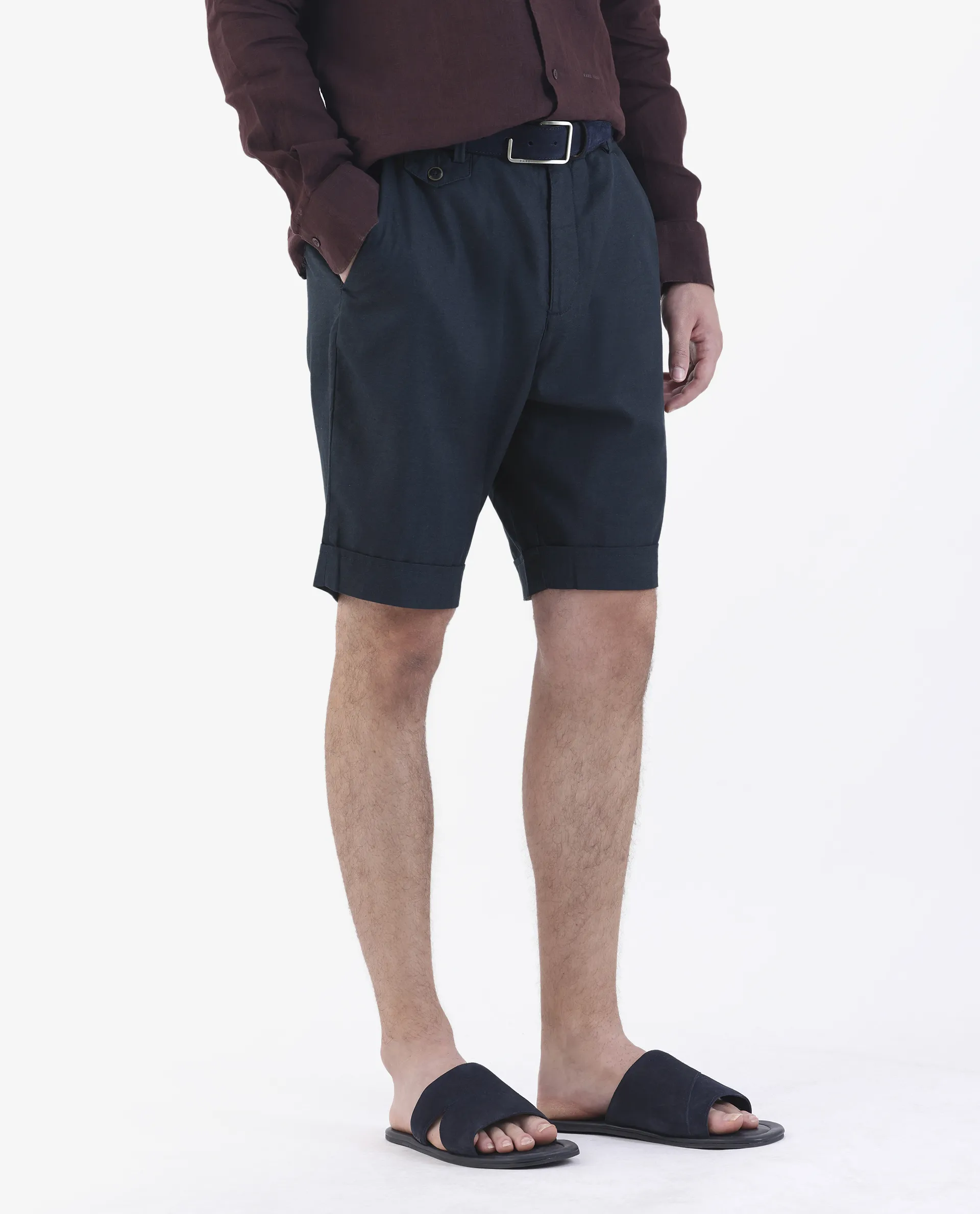 Rare Rabbit Men's Camer Navy 100% Linen Plain Regular Fit Shorts - Image 4