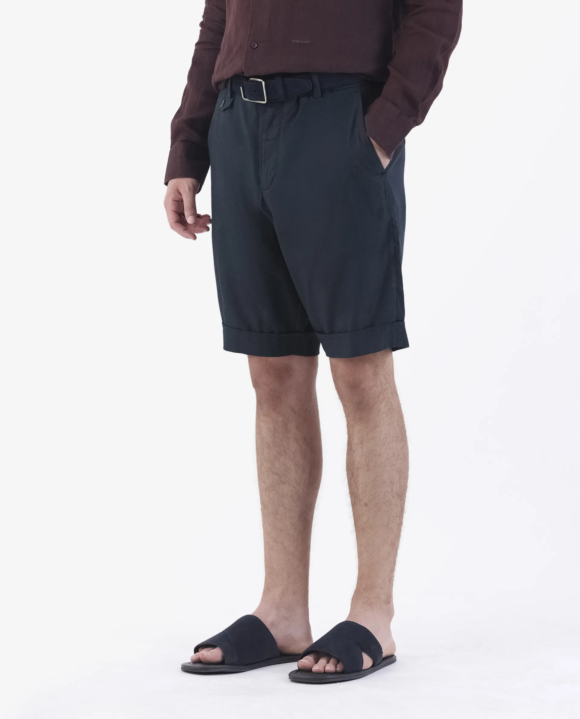 Rare Rabbit Men's Camer Navy 100% Linen Plain Regular Fit Shorts - Image 5