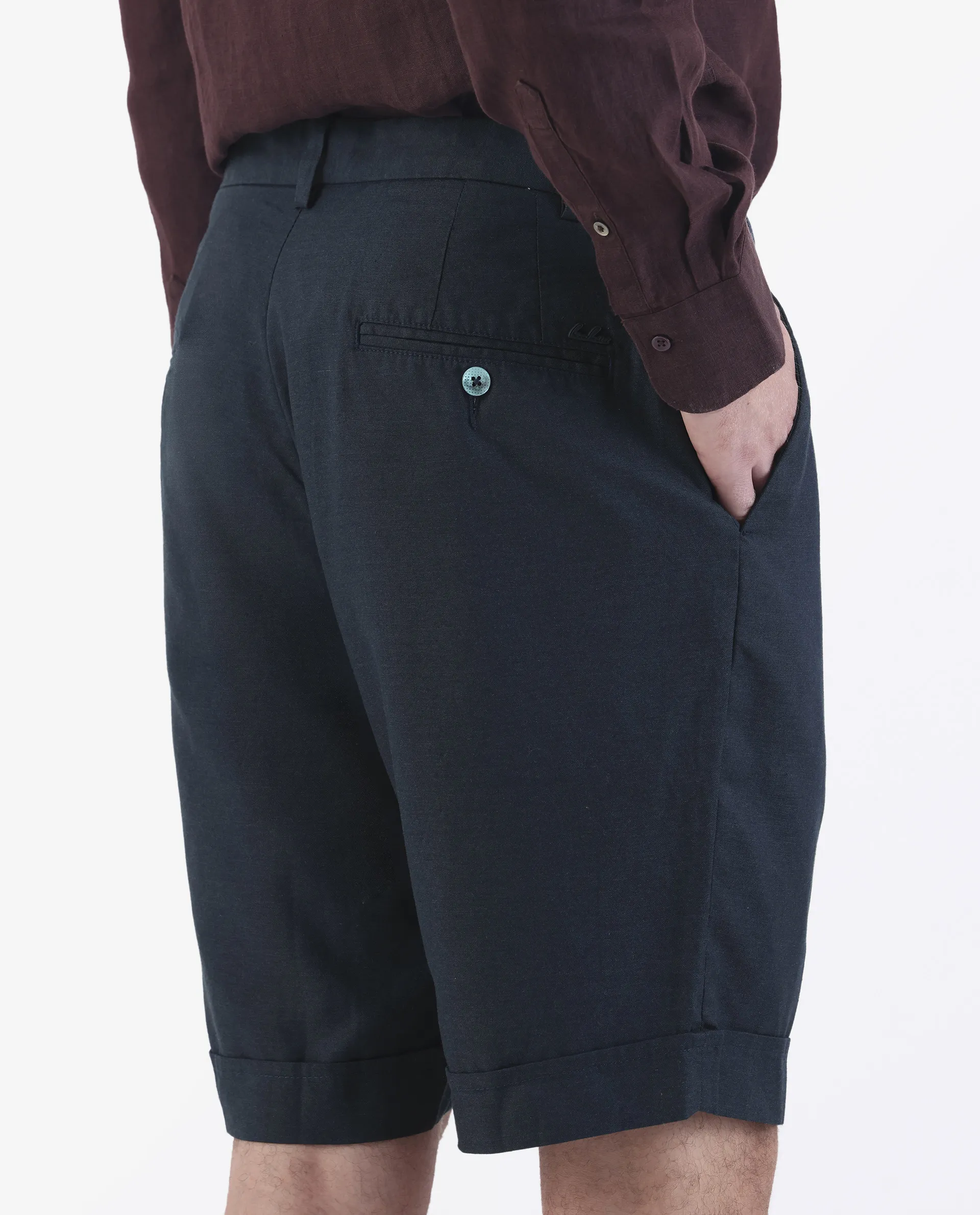 Rare Rabbit Men's Camer Navy 100% Linen Plain Regular Fit Shorts - Image 6