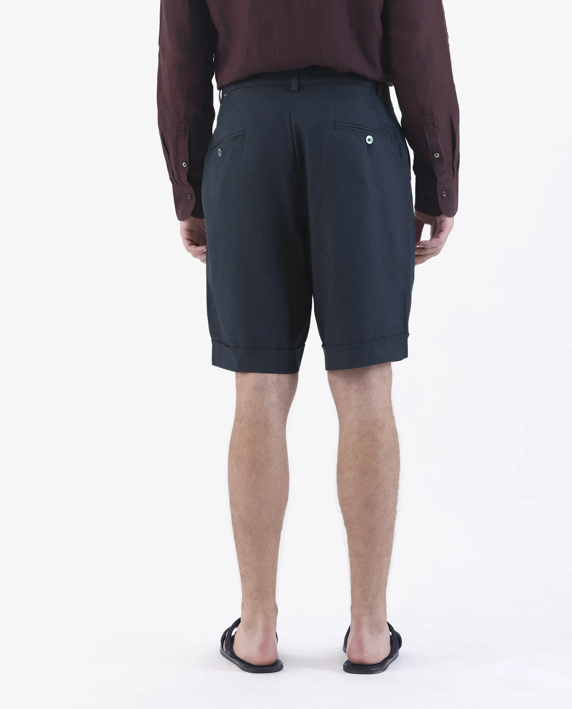Rare Rabbit Men's Camer Navy 100% Linen Plain Regular Fit Shorts - Image 7