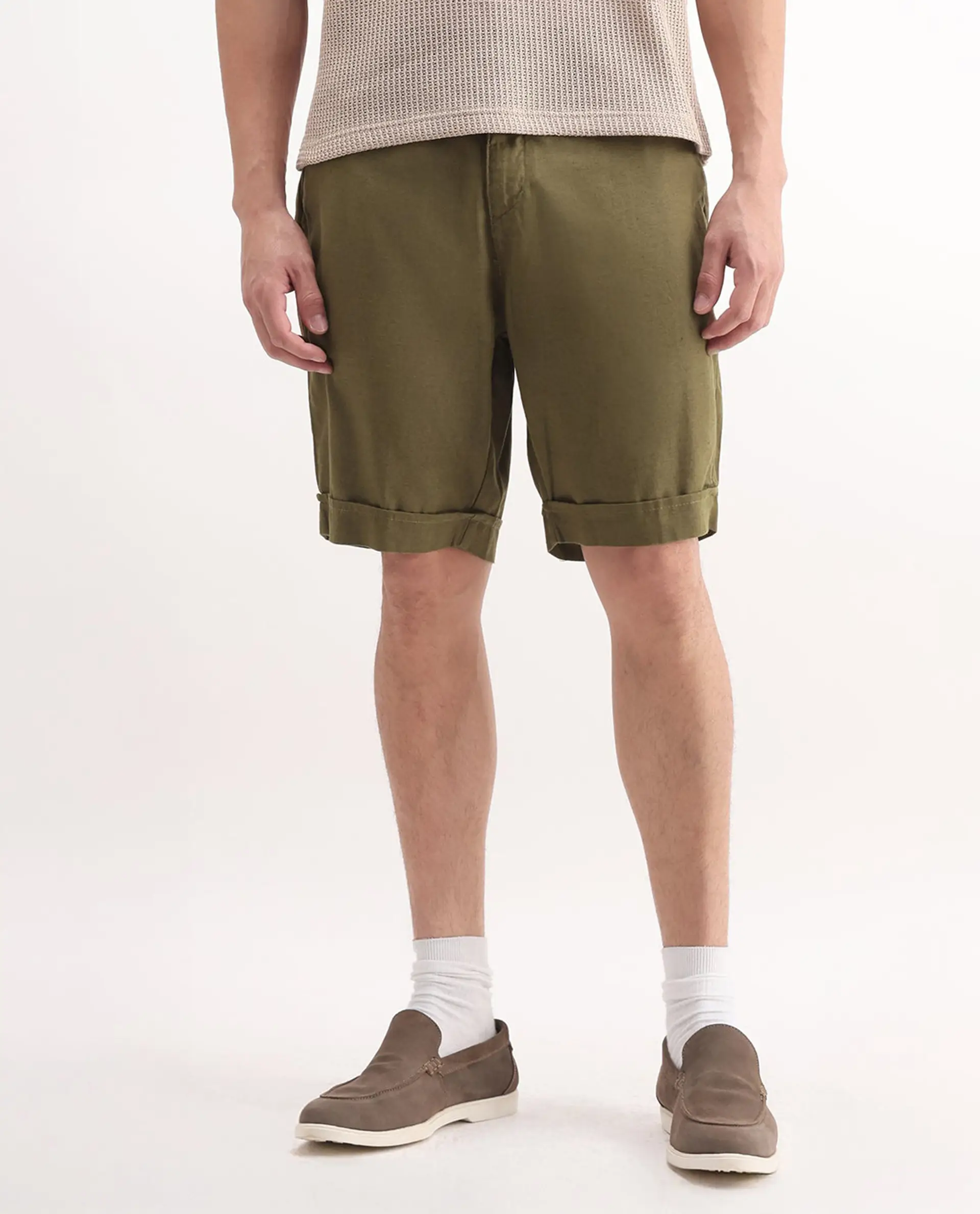 Rare Rabbit Men's Camer Olive 100% Linen Plain Regular Fit Shorts - Image 10