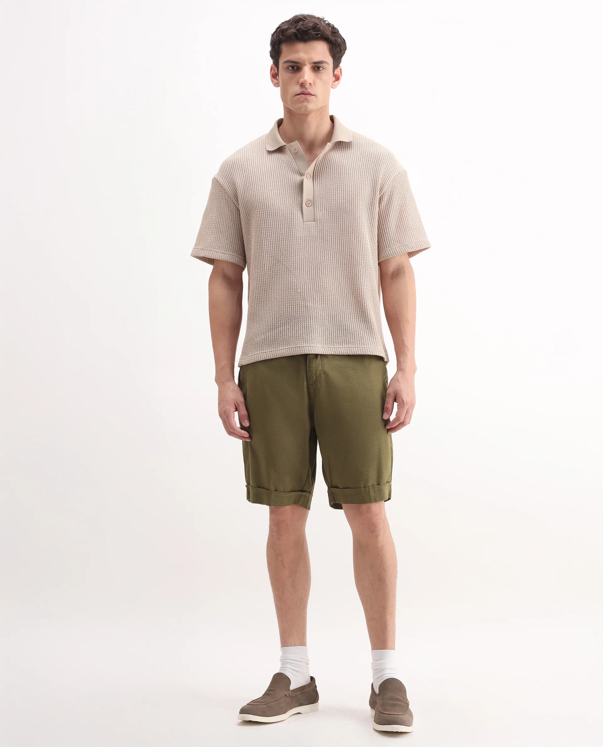 Rare Rabbit Men's Camer Olive 100% Linen Plain Regular Fit Shorts - Image 3