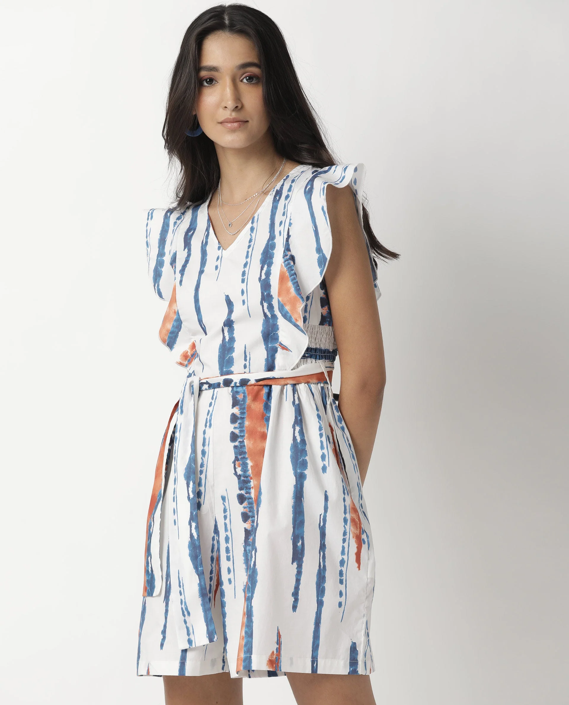 Rareism Women's Camera Offwhite Cotton V-Neck Abstract Print Sleeveless Regular Fit Playsuit