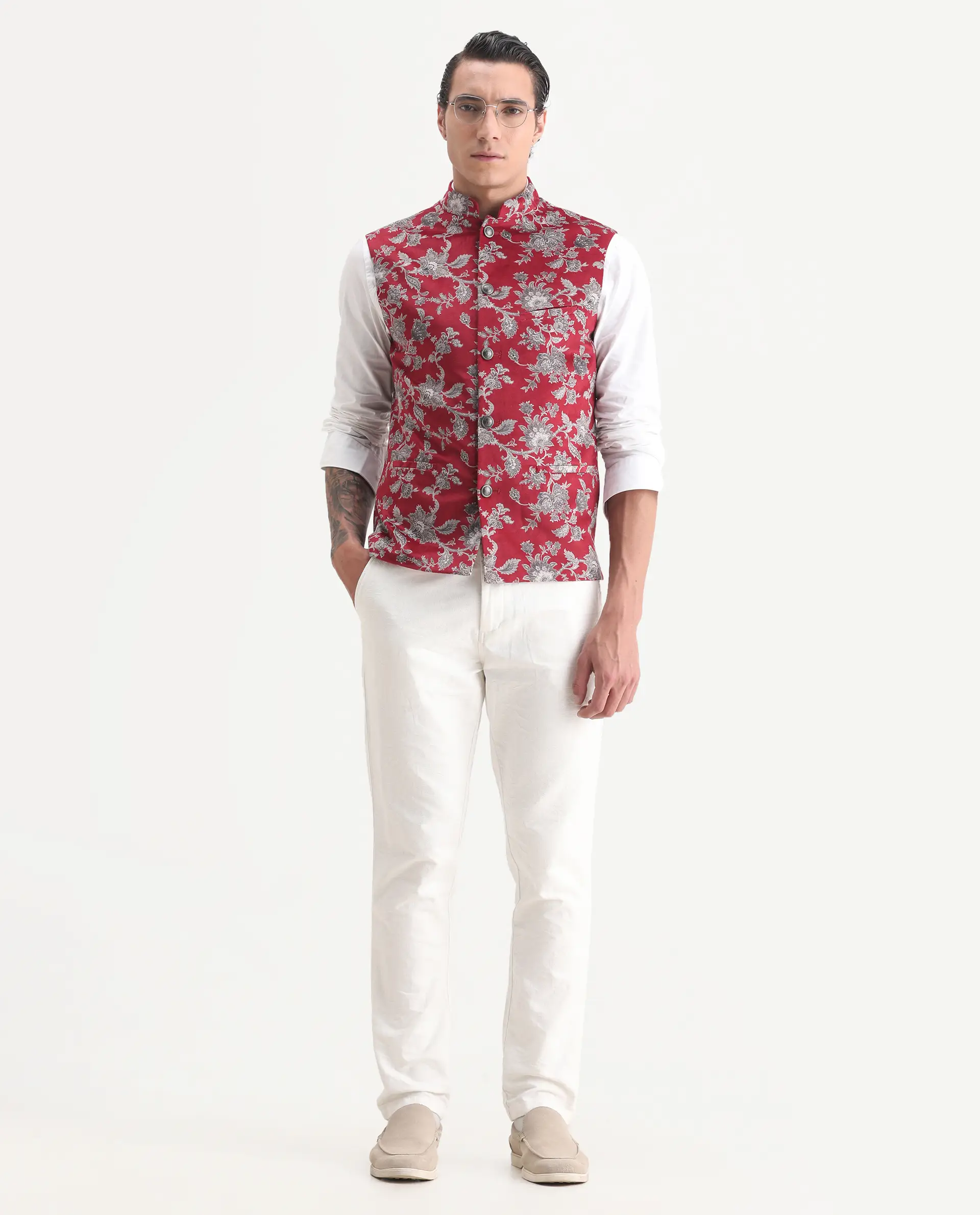 Rare Rabbit Men's Camero Dark Red Velvet Floral Print Tailored Fit Sleeveless Mandarin Collar Bandhgala - Image 2