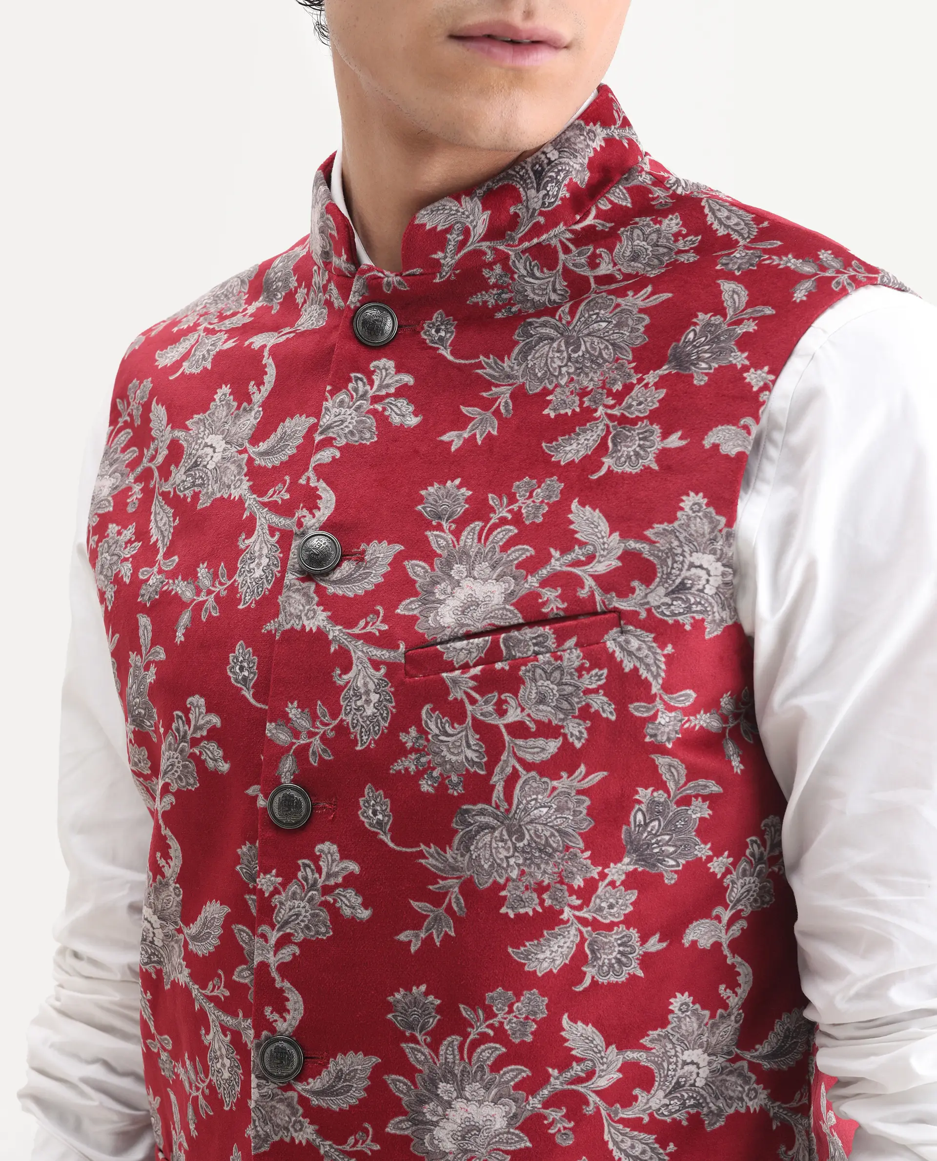 Rare Rabbit Men's Camero Dark Red Velvet Floral Print Tailored Fit Sleeveless Mandarin Collar Bandhgala - Image 3