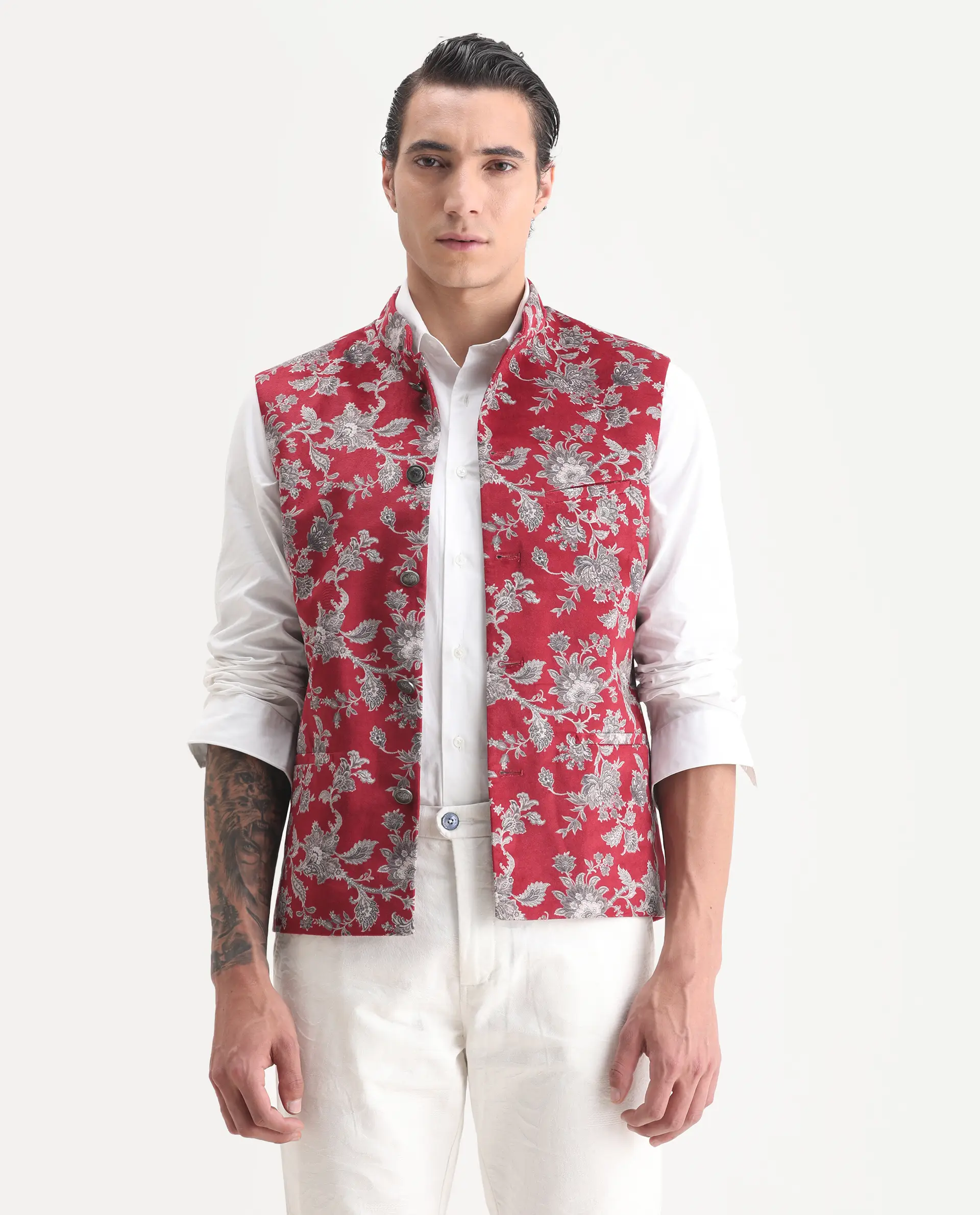 Rare Rabbit Men's Camero Dark Red Velvet Floral Print Tailored Fit Sleeveless Mandarin Collar Bandhgala - Image 4