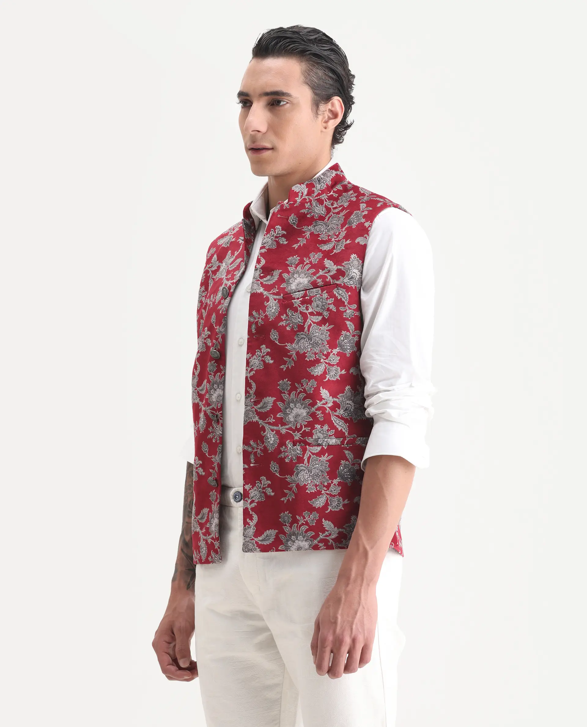 Rare Rabbit Men's Camero Dark Red Velvet Floral Print Tailored Fit Sleeveless Mandarin Collar Bandhgala - Image 5