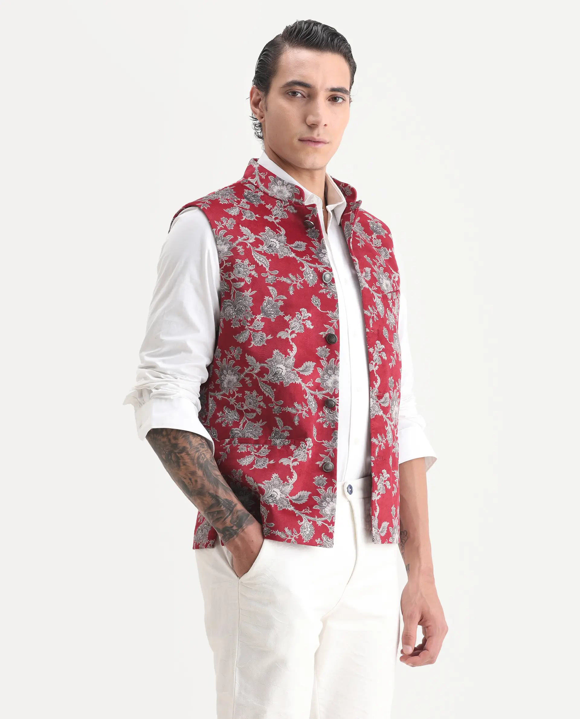 Rare Rabbit Men's Camero Dark Red Velvet Floral Print Tailored Fit Sleeveless Mandarin Collar Bandhgala - Image 6