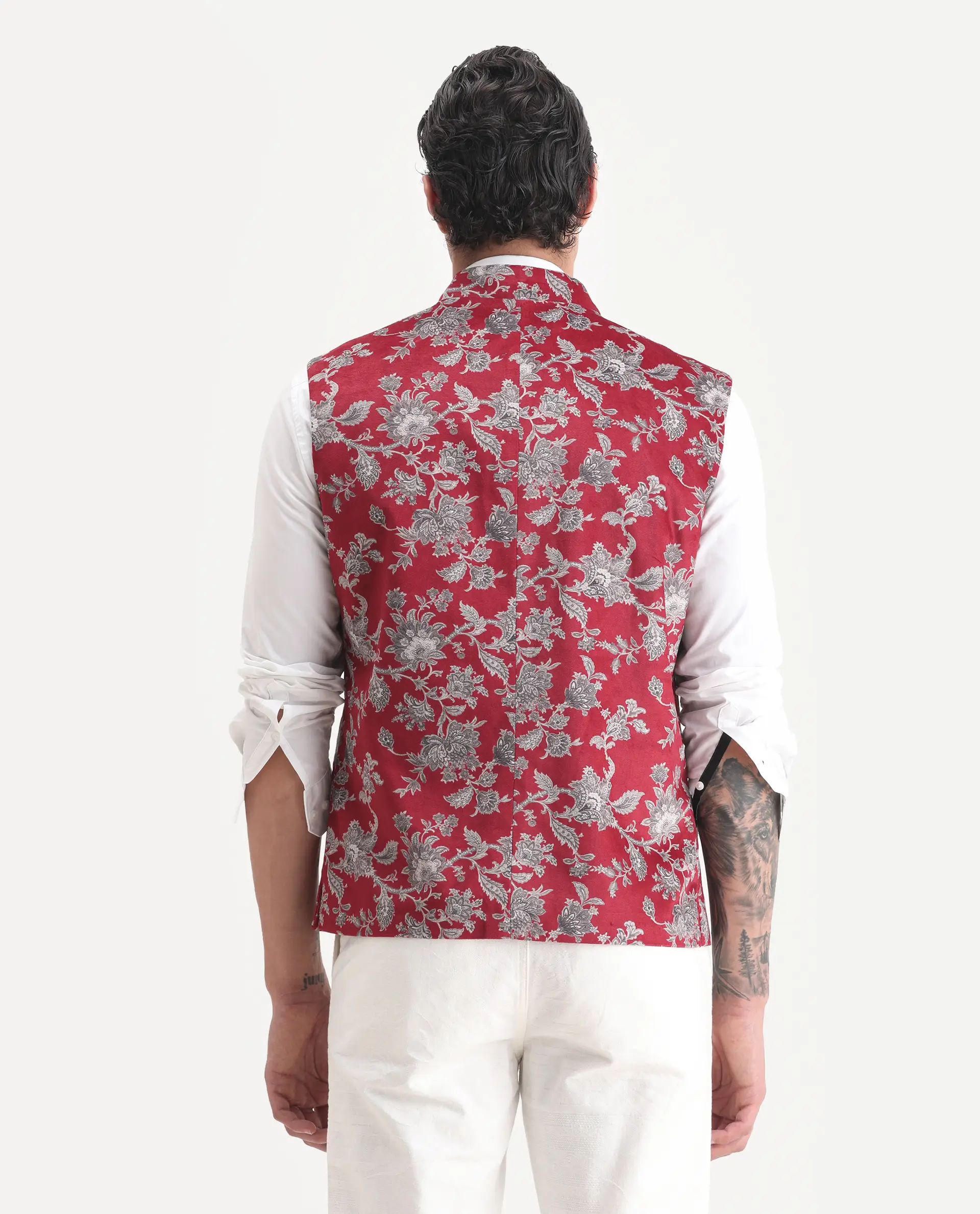 Rare Rabbit Men's Camero Dark Red Velvet Floral Print Tailored Fit Sleeveless Mandarin Collar Bandhgala - Image 7