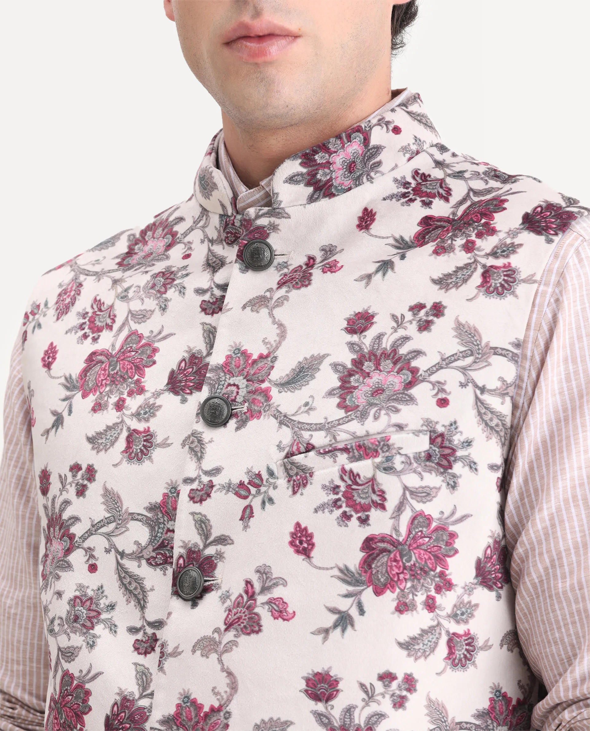 Rare Rabbit Men's Camero Light Beige Velvet Floral Print Tailored Fit Sleeveless Mandarin Collar Bandhgala - Image 3