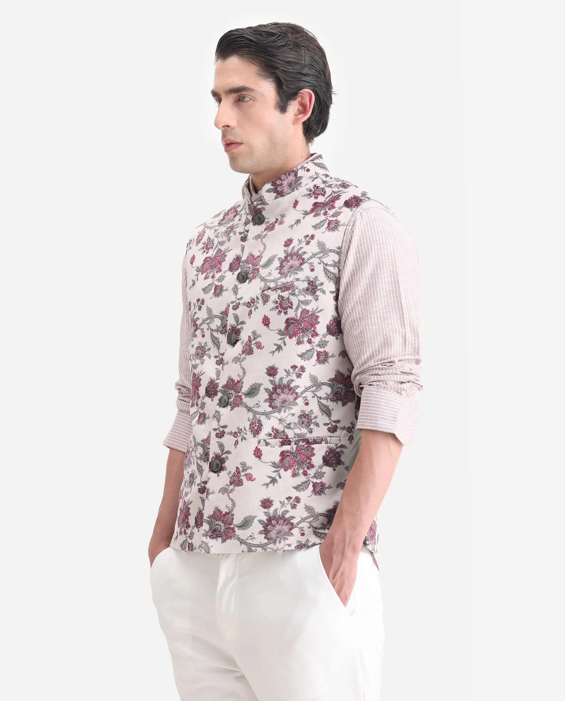 Rare Rabbit Men's Camero Light Beige Velvet Floral Print Tailored Fit Sleeveless Mandarin Collar Bandhgala - Image 4