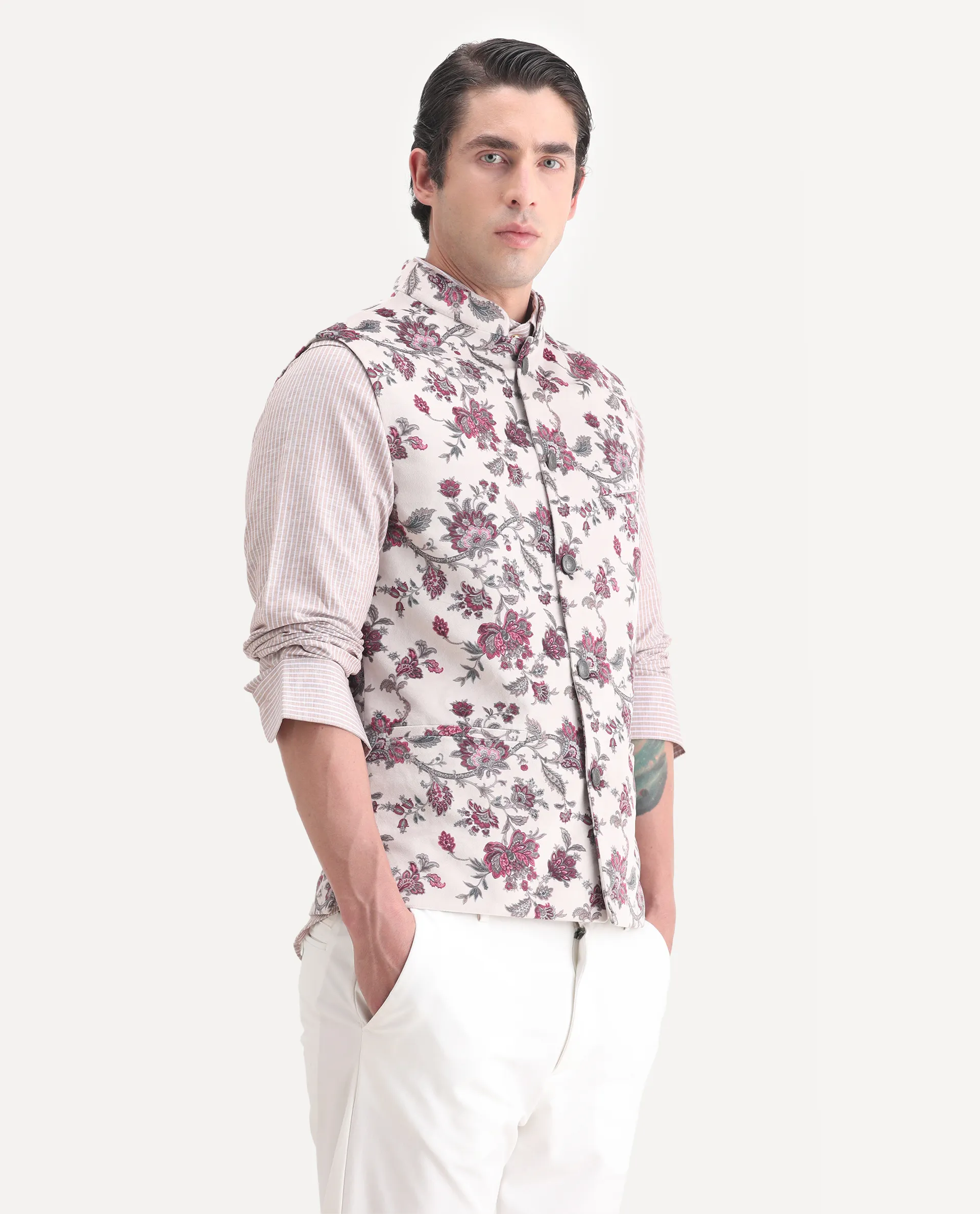 Rare Rabbit Men's Camero Light Beige Velvet Floral Print Tailored Fit Sleeveless Mandarin Collar Bandhgala - Image 5