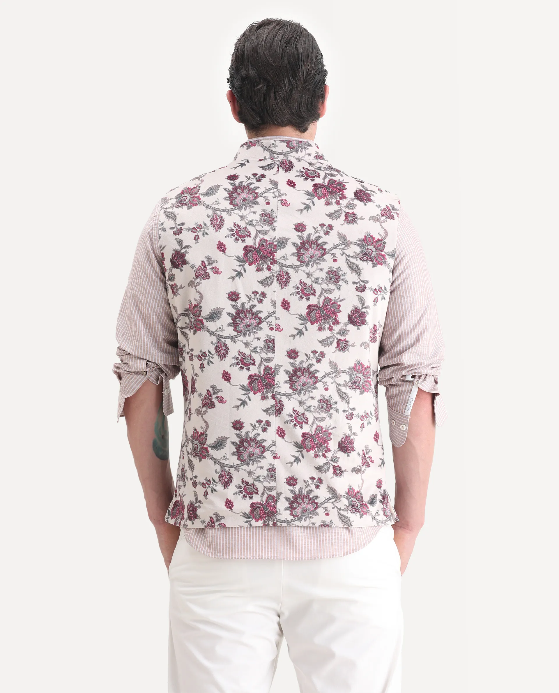 Rare Rabbit Men's Camero Light Beige Velvet Floral Print Tailored Fit Sleeveless Mandarin Collar Bandhgala - Image 6