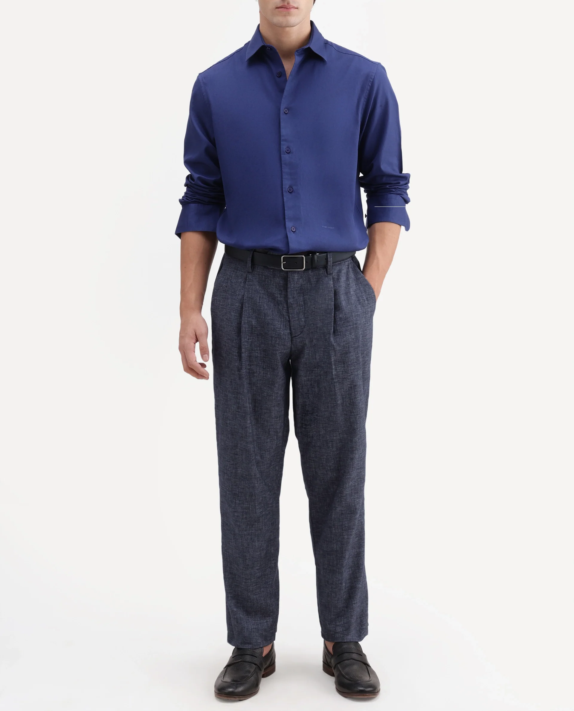 Rare Rabbit Men's Cami Dark Blue Cotton Blend Fabric Regular Fit Plain Trouser - Image 2
