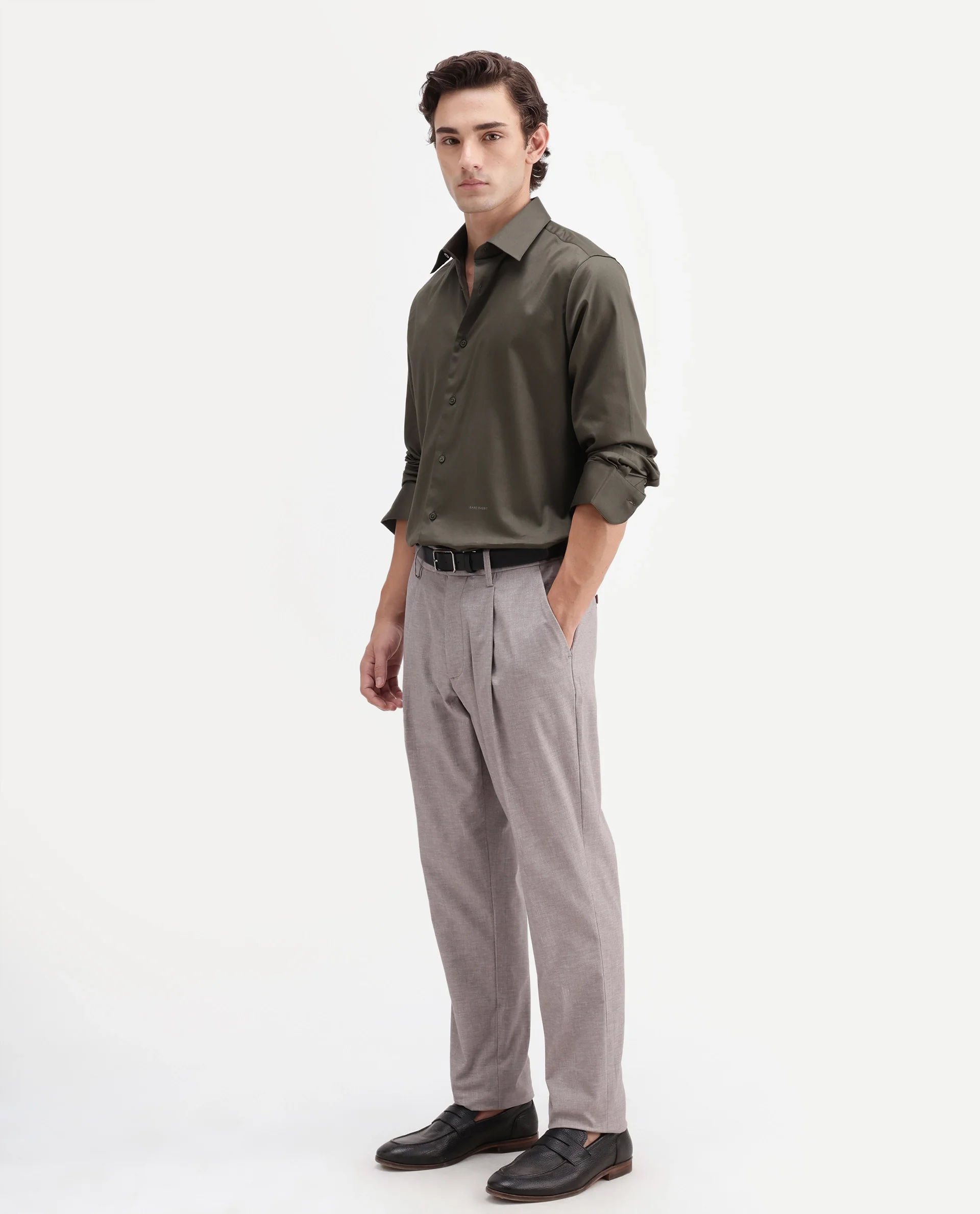 Rare Rabbit Men's Cami Light Grey Cotton Blend Fabric Regular Fit Plain Trouser - Image 5