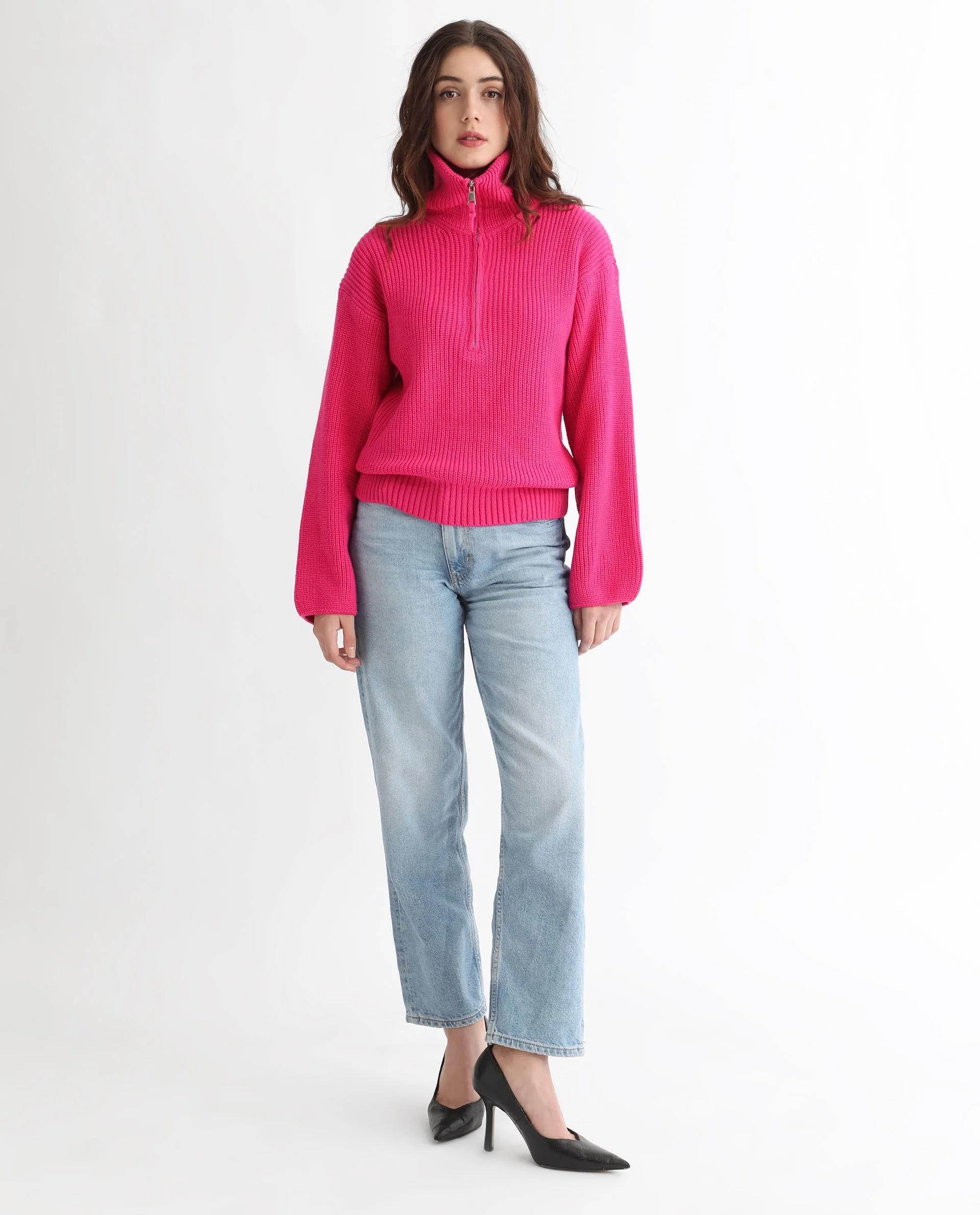 Rareism Women's Camille Dark Pink Acrylic Drop Collar Plain Relaxed Fit Sweater - Image 10