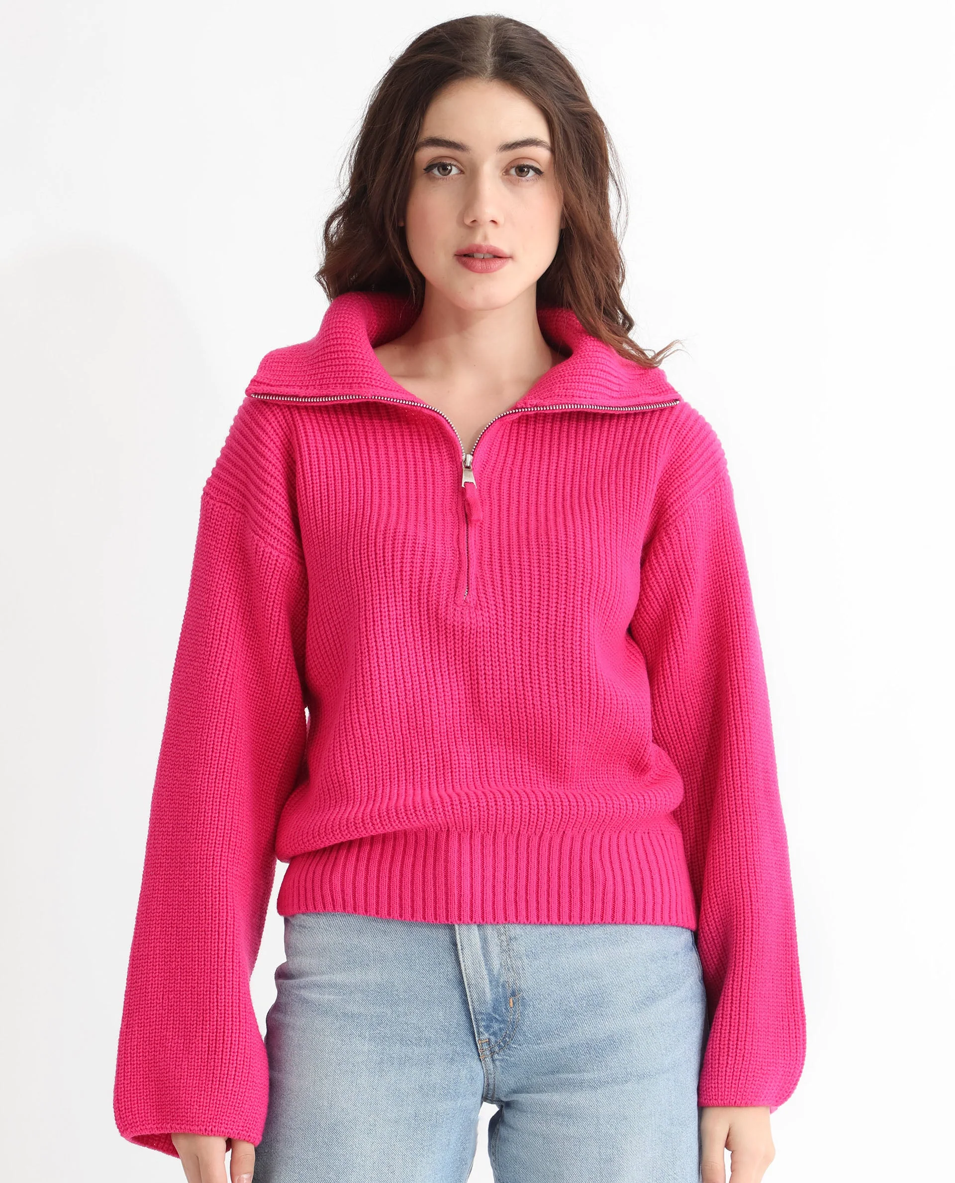 Rareism Women's Camille Dark Pink Acrylic Drop Collar Plain Relaxed Fit Sweater - Image 14
