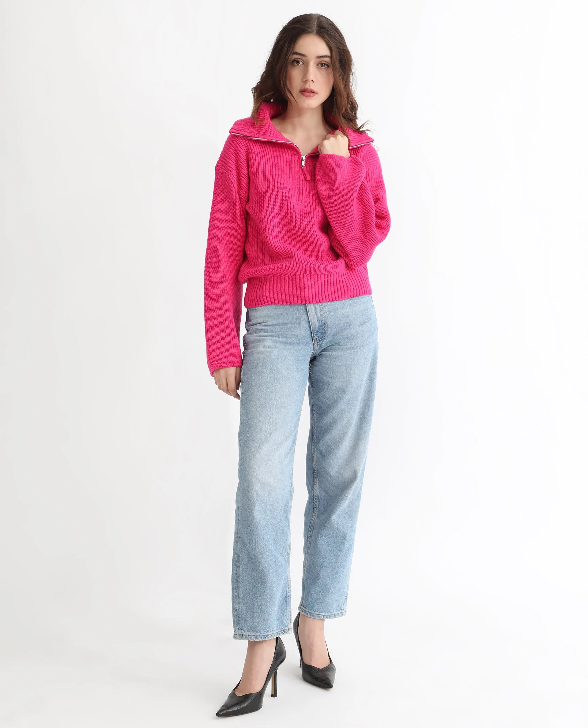 Rareism Women's Camille Dark Pink Acrylic Drop Collar Plain Relaxed Fit Sweater - Image 2