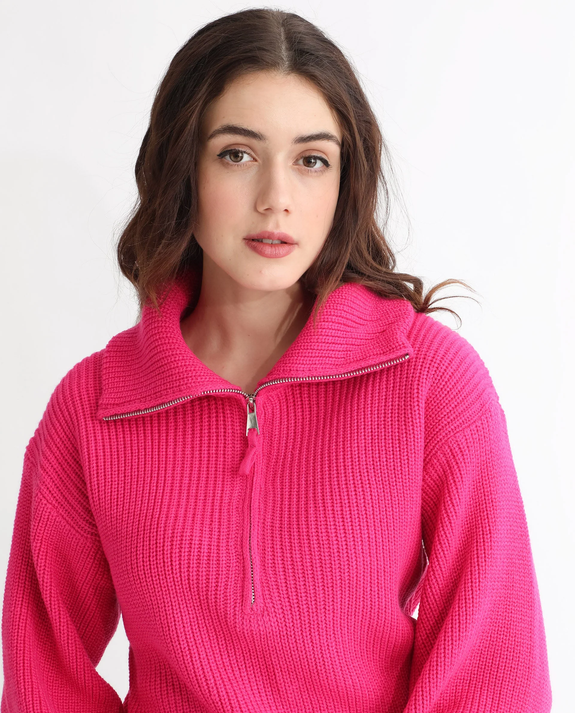 Rareism Women's Camille Dark Pink Acrylic Drop Collar Plain Relaxed Fit Sweater - Image 3