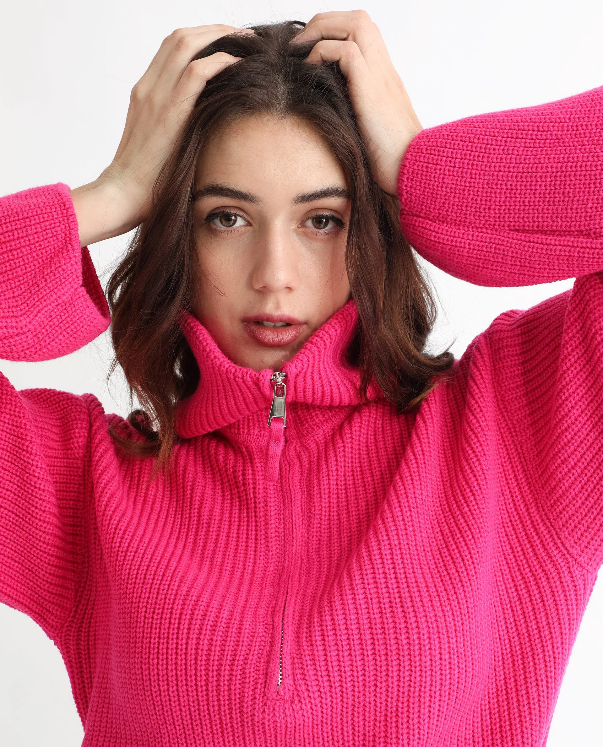 Rareism Women's Camille Dark Pink Acrylic Drop Collar Plain Relaxed Fit Sweater - Image 7