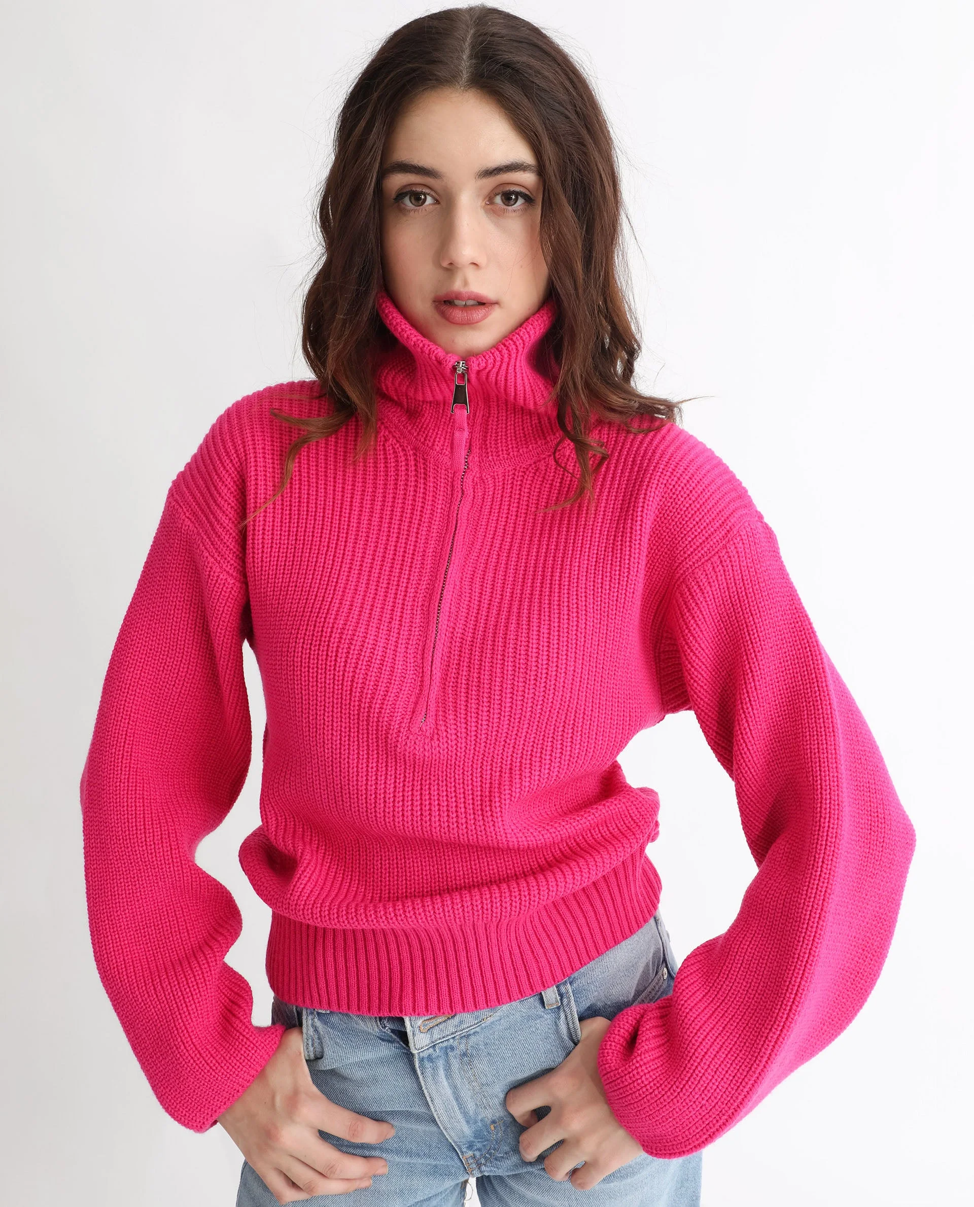 Rareism Women's Camille Dark Pink Acrylic Drop Collar Plain Relaxed Fit Sweater - Image 8
