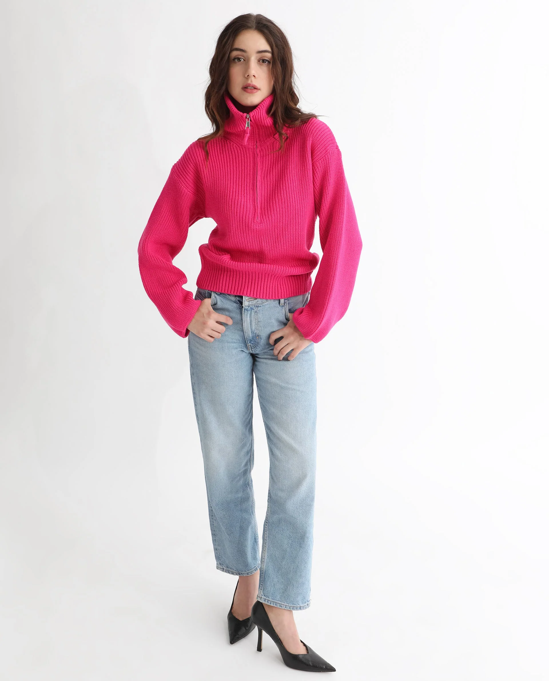 Rareism Women's Camille Dark Pink Acrylic Drop Collar Plain Relaxed Fit Sweater - Image 9