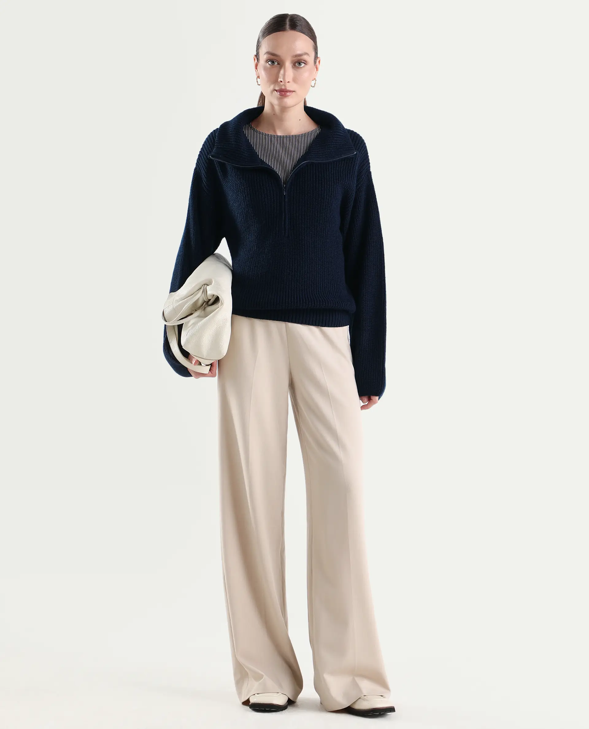 Rareism Women's Camillo Navy Acrylic High Neck Relaxed Fit Plain Sweater - Image 2