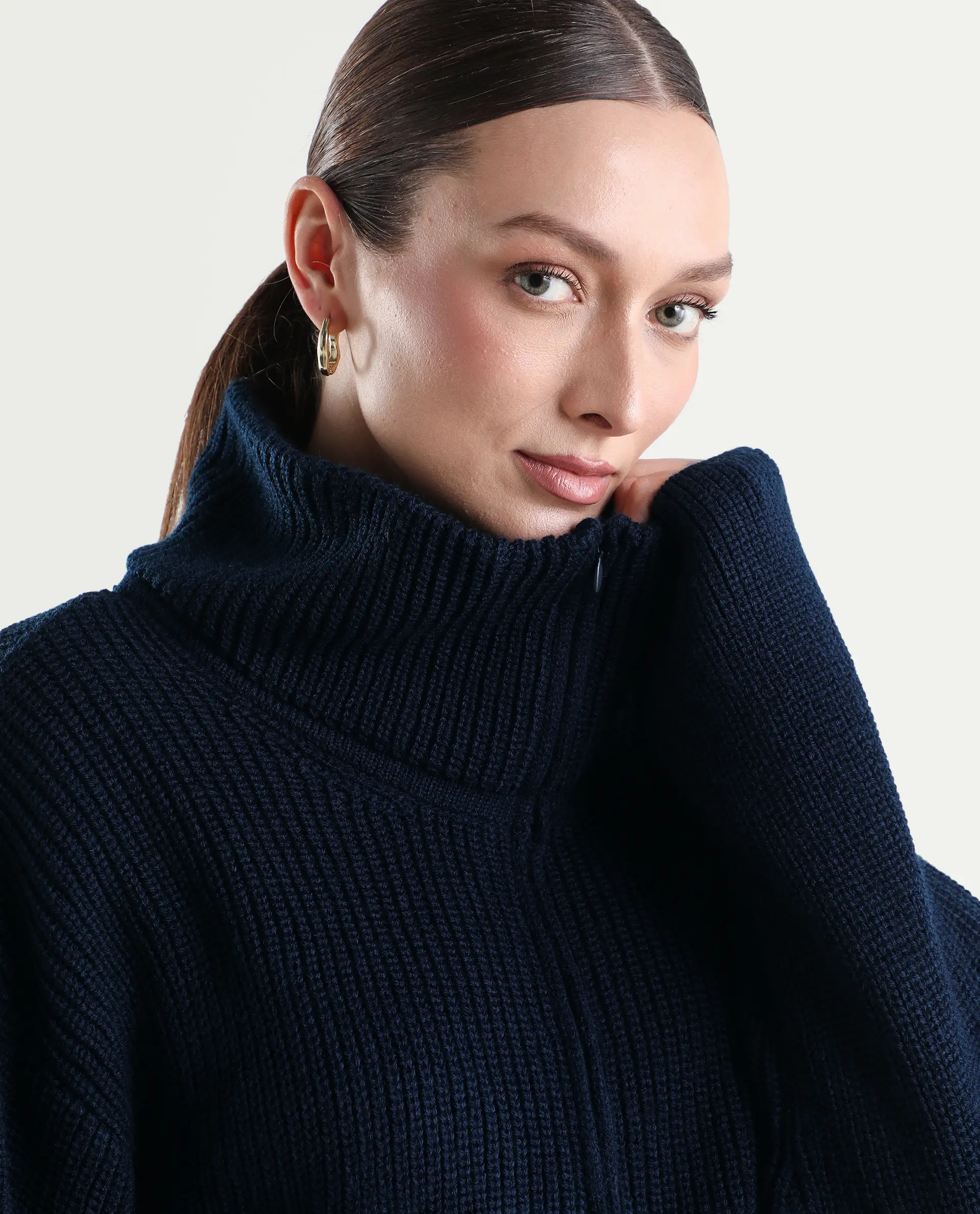 Rareism Women's Camillo Navy Acrylic High Neck Relaxed Fit Plain Sweater - Image 3