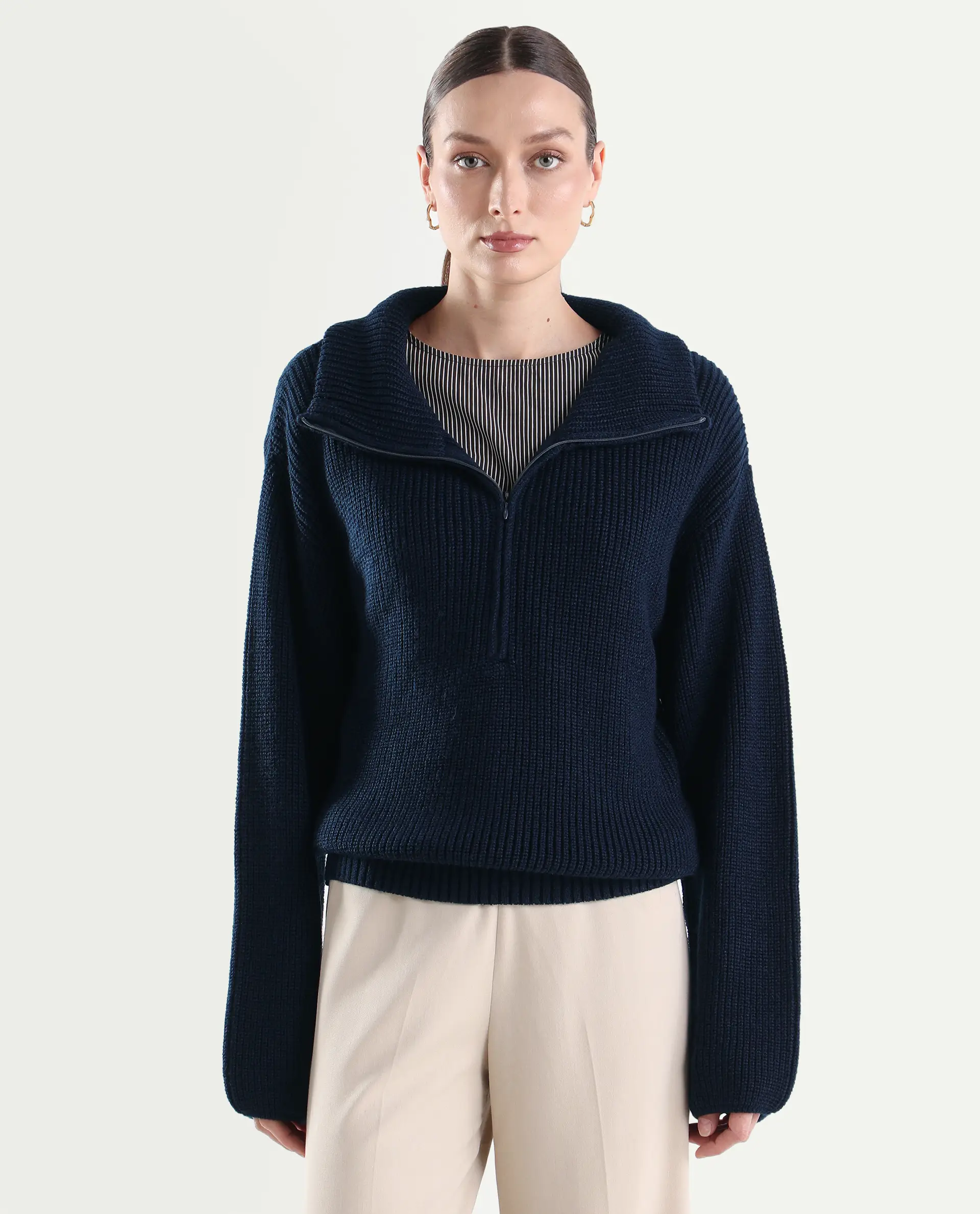 Rareism Women's Camillo Navy Acrylic High Neck Relaxed Fit Plain Sweater - Image 4