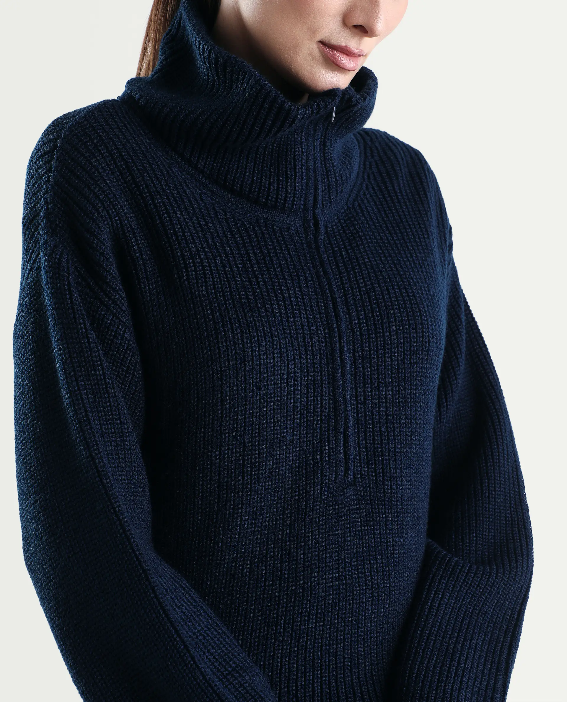 Rareism Women's Camillo Navy Acrylic High Neck Relaxed Fit Plain Sweater - Image 5