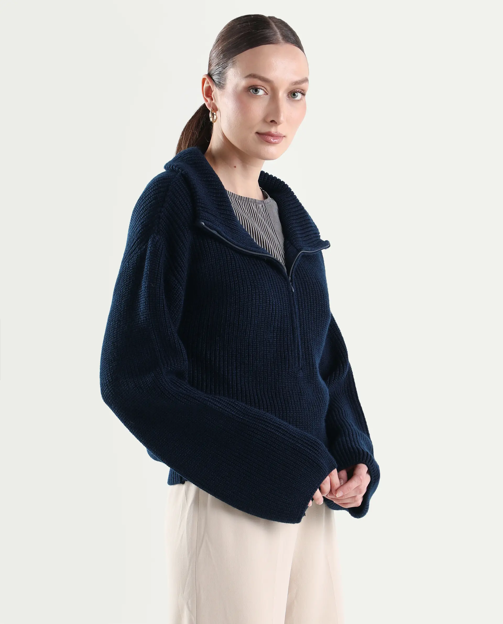 Rareism Women's Camillo Navy Acrylic High Neck Relaxed Fit Plain Sweater - Image 6