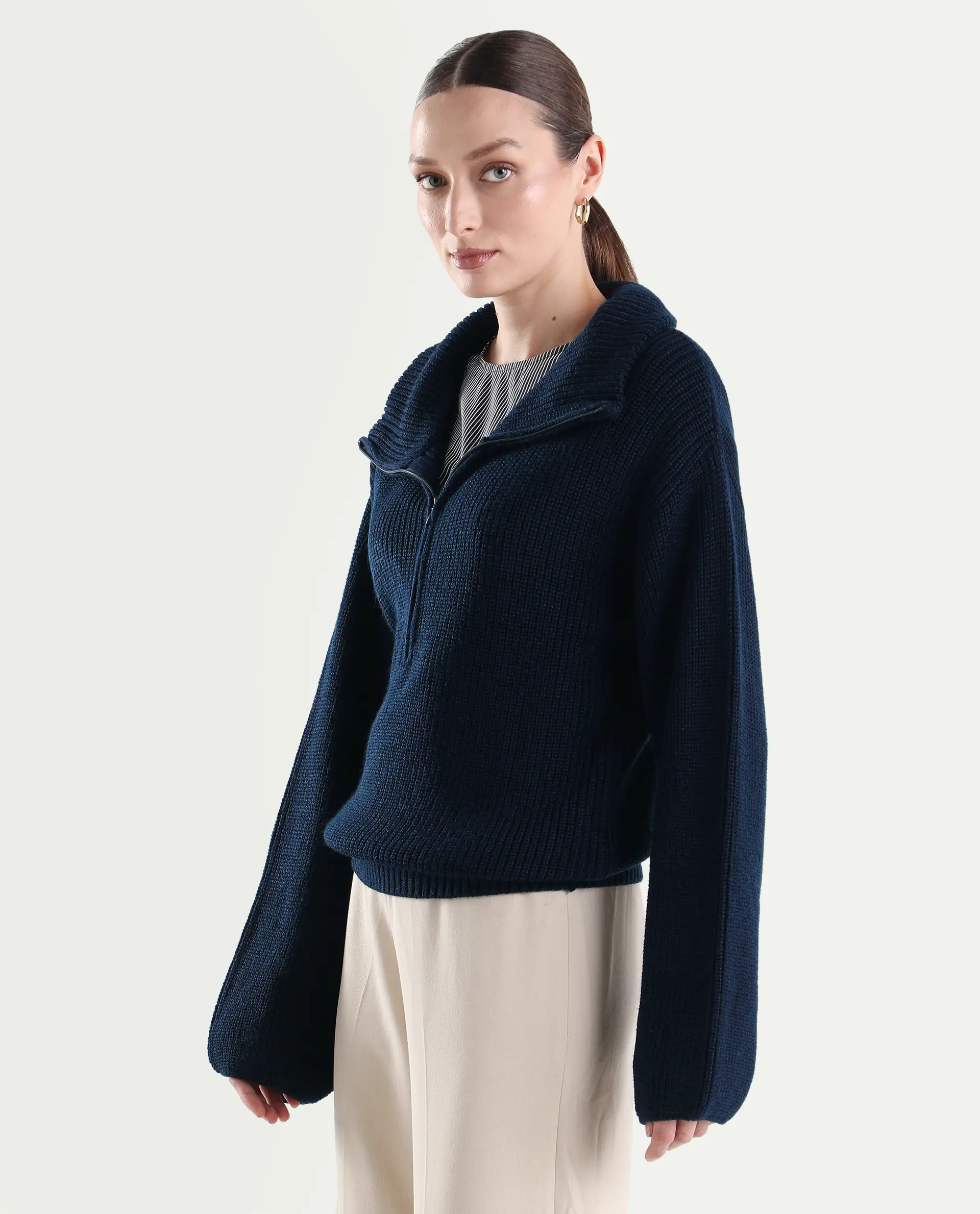 Rareism Women's Camillo Navy Acrylic High Neck Relaxed Fit Plain Sweater - Image 7