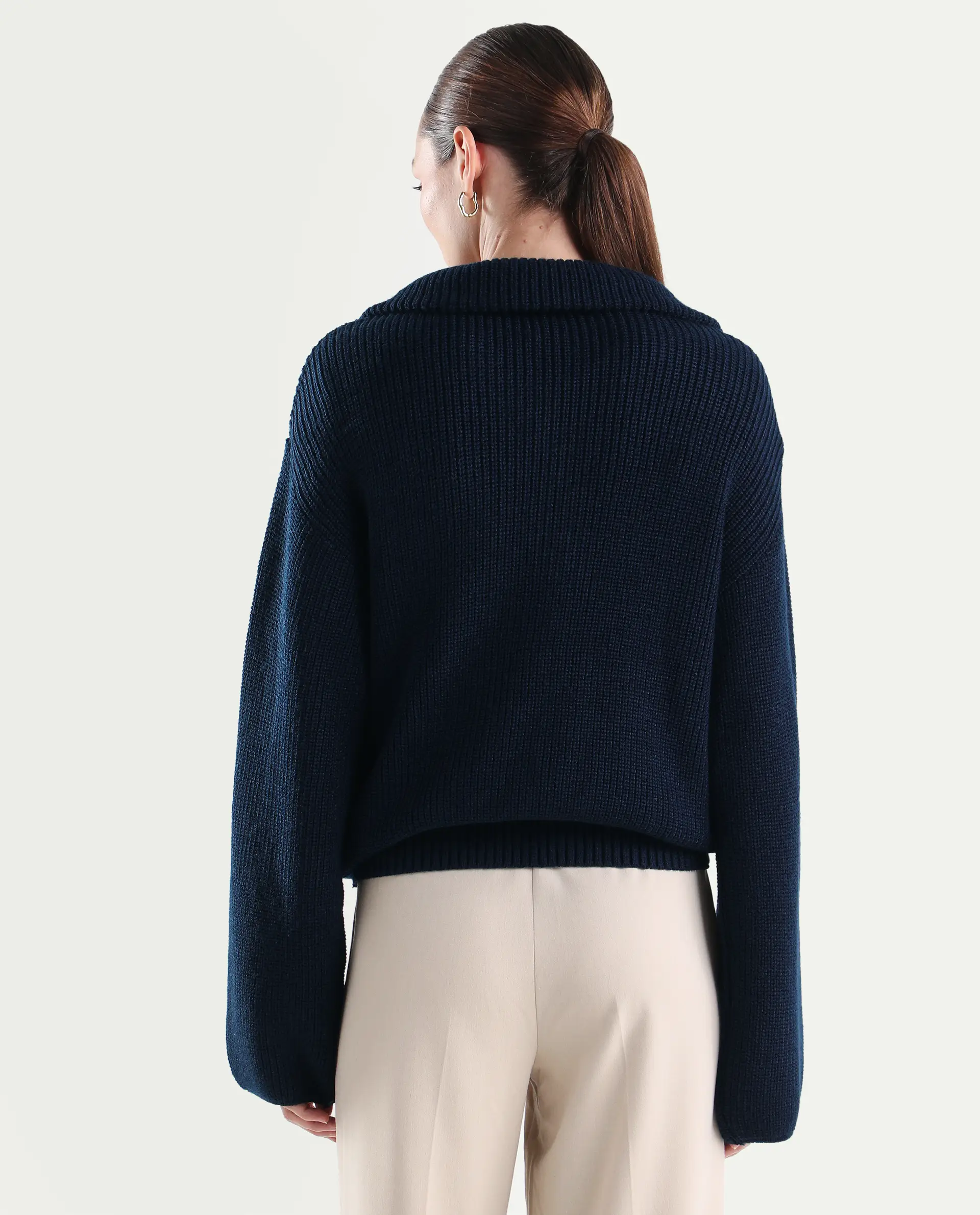 Rareism Women's Camillo Navy Acrylic High Neck Relaxed Fit Plain Sweater - Image 8