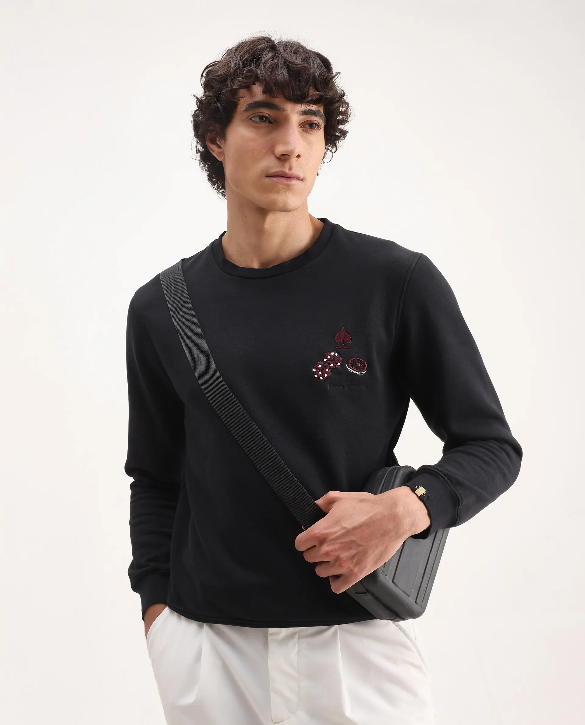 Rare Rabbit Men's Camisa Black Cotton Embroidered Regular Fit Full Sleeve Crew Neck Sweatshirt