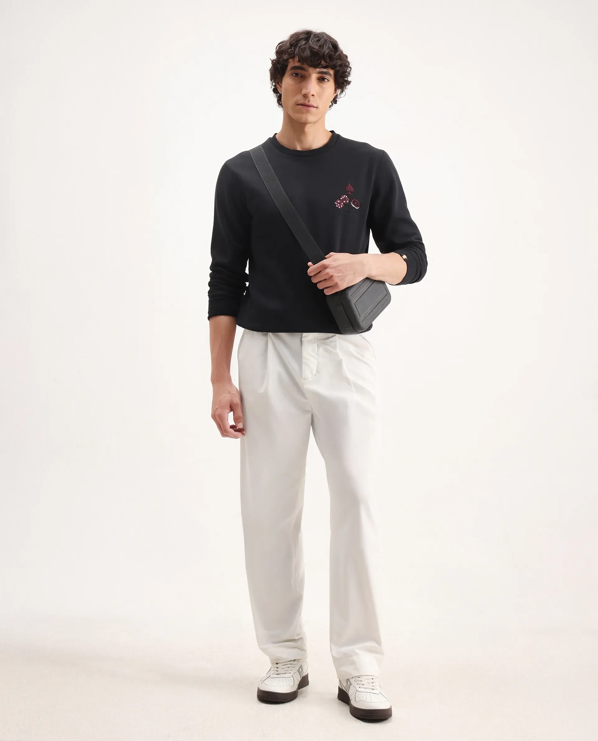 Rare Rabbit Men's Camisa Black Cotton Embroidered Regular Fit Full Sleeve Crew Neck Sweatshirt - Image 2