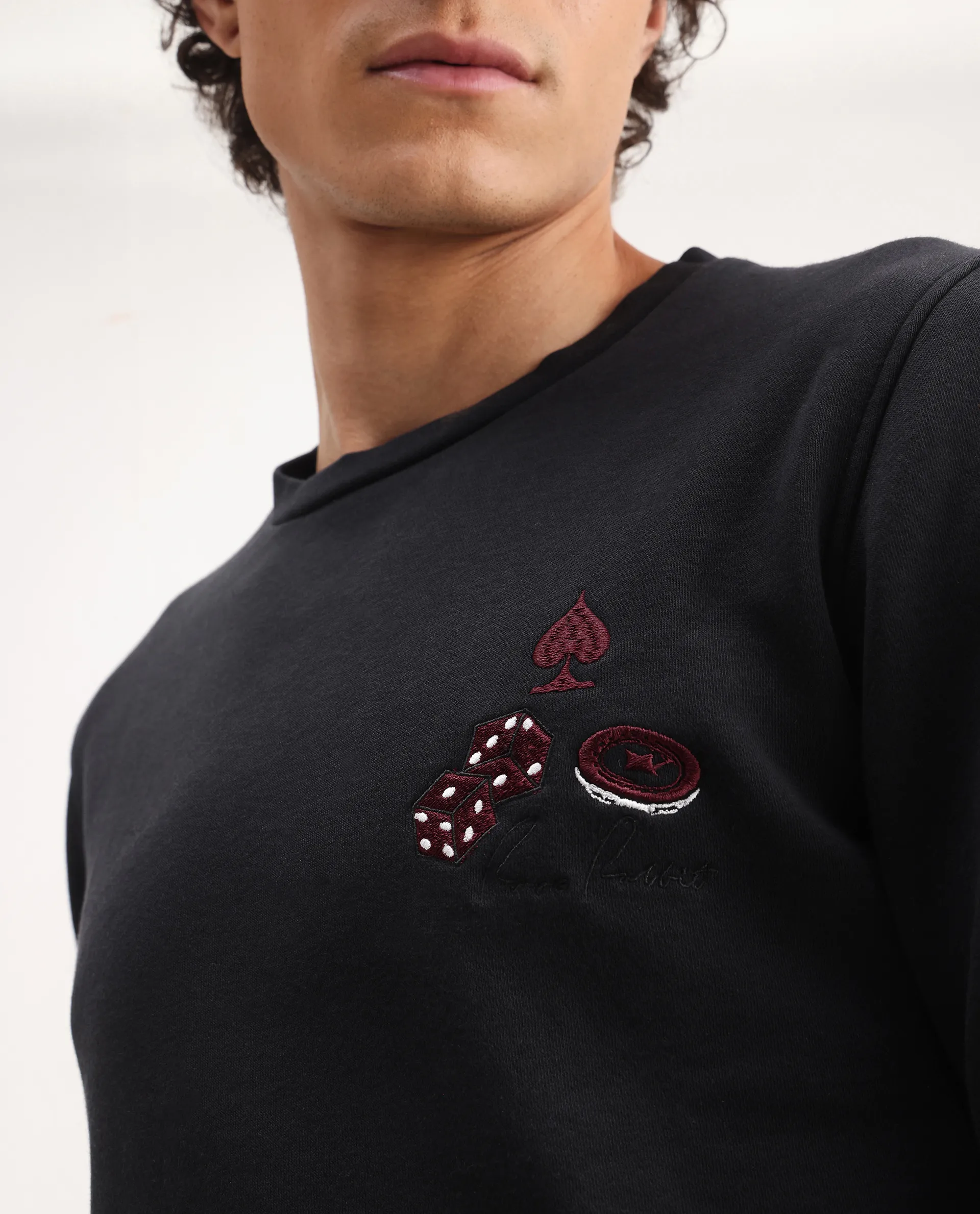 Rare Rabbit Men's Camisa Black Cotton Embroidered Regular Fit Full Sleeve Crew Neck Sweatshirt - Image 3