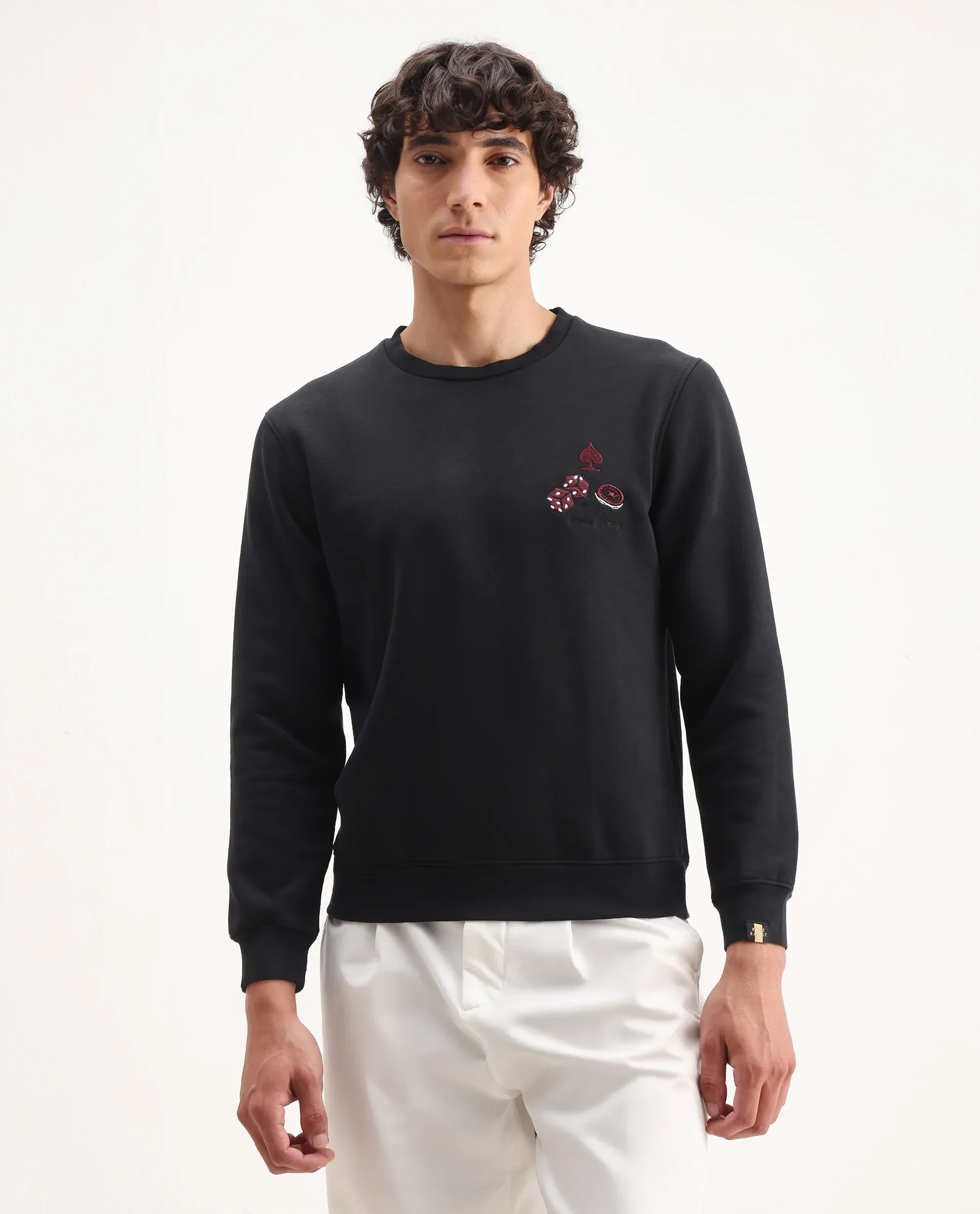 Rare Rabbit Men's Camisa Black Cotton Embroidered Regular Fit Full Sleeve Crew Neck Sweatshirt - Image 4