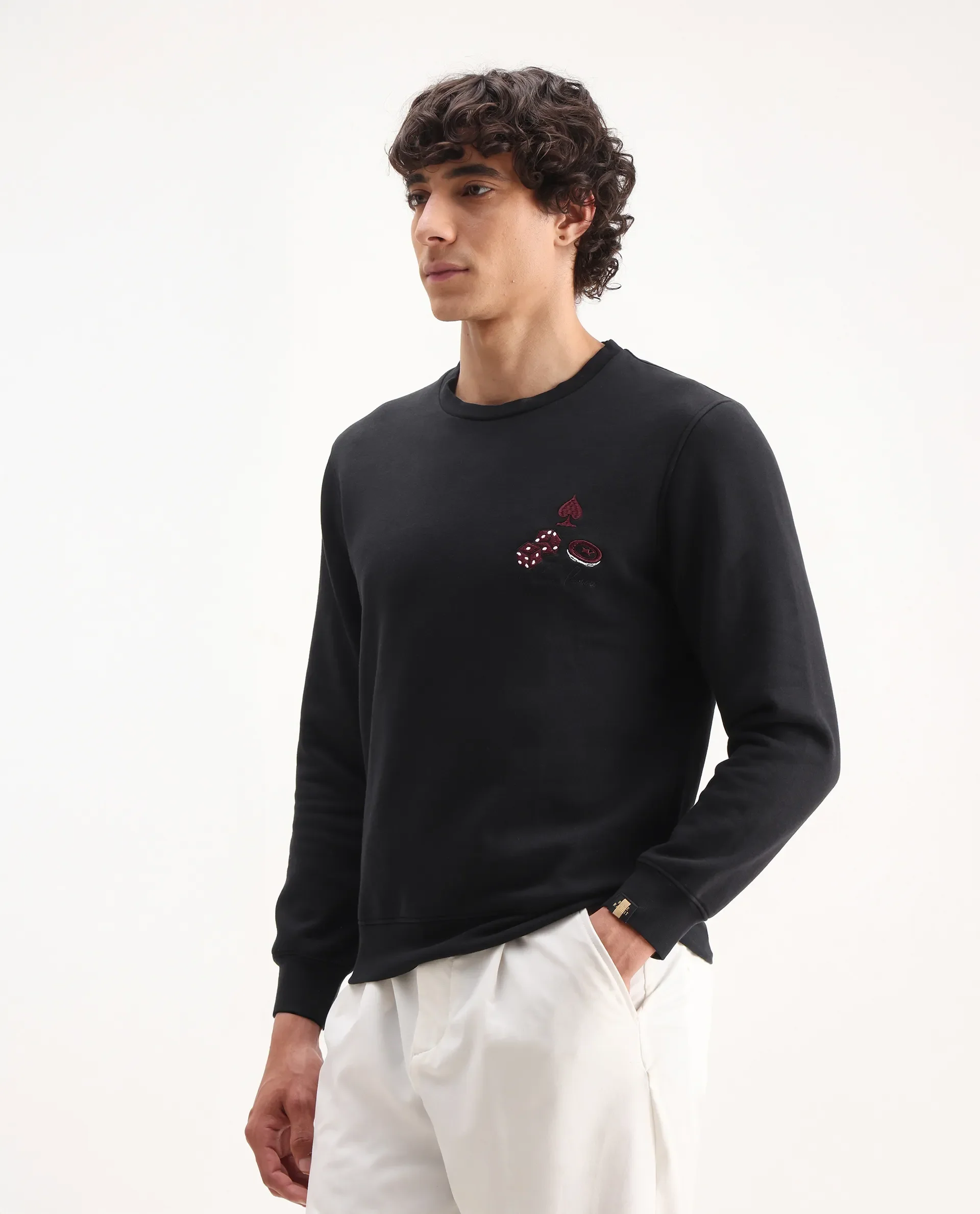 Rare Rabbit Men's Camisa Black Cotton Embroidered Regular Fit Full Sleeve Crew Neck Sweatshirt - Image 5