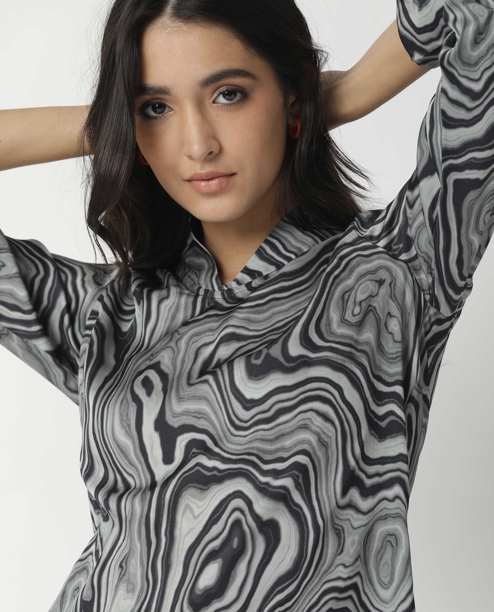 Rareism Womens Camp Black Top Modal Satin Fabric Regular Fit Cuffed Sleeve Mandarin Neck - Image 10