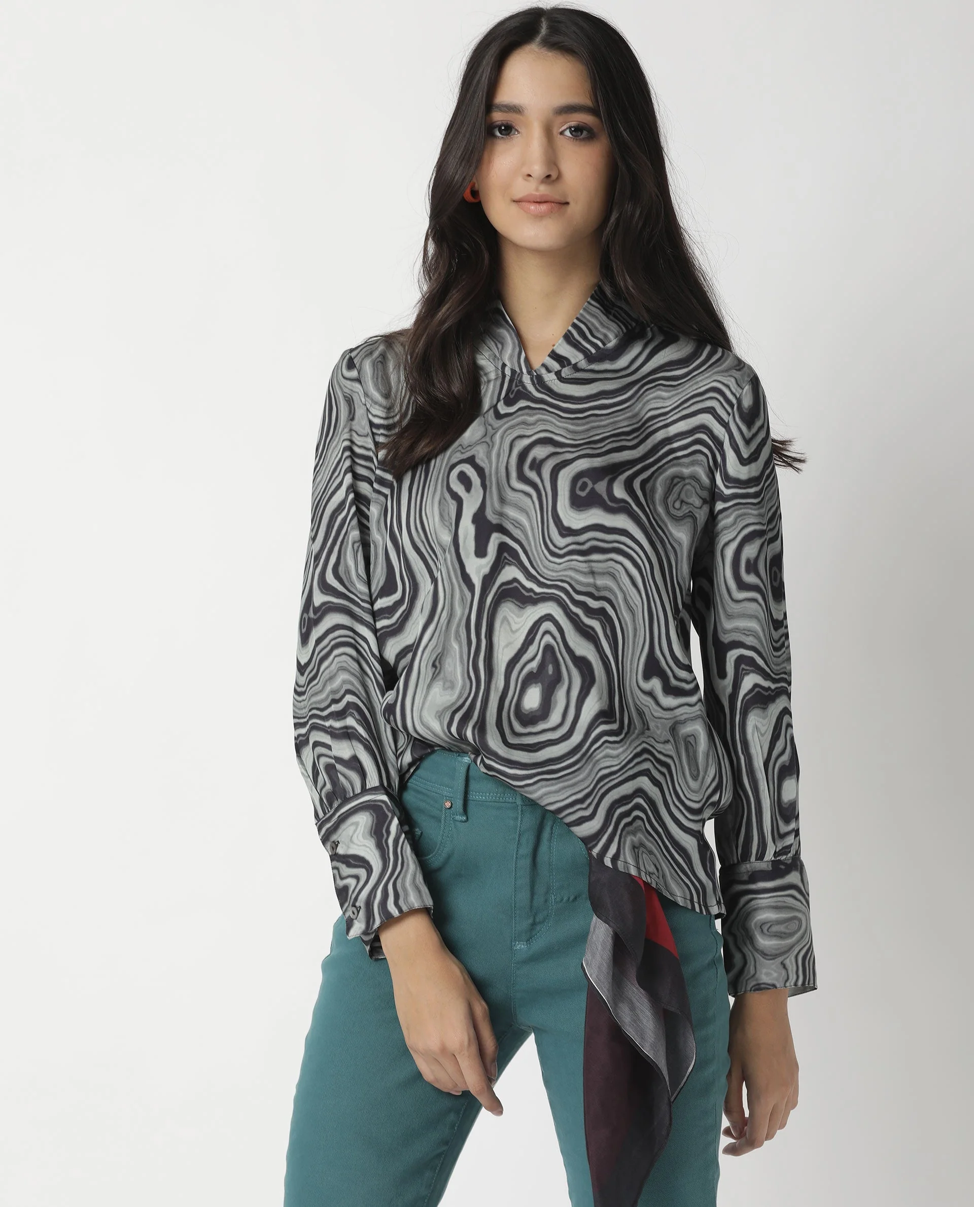 Rareism Womens Camp Black Top Modal Satin Fabric Regular Fit Cuffed Sleeve Mandarin Neck - Image 12