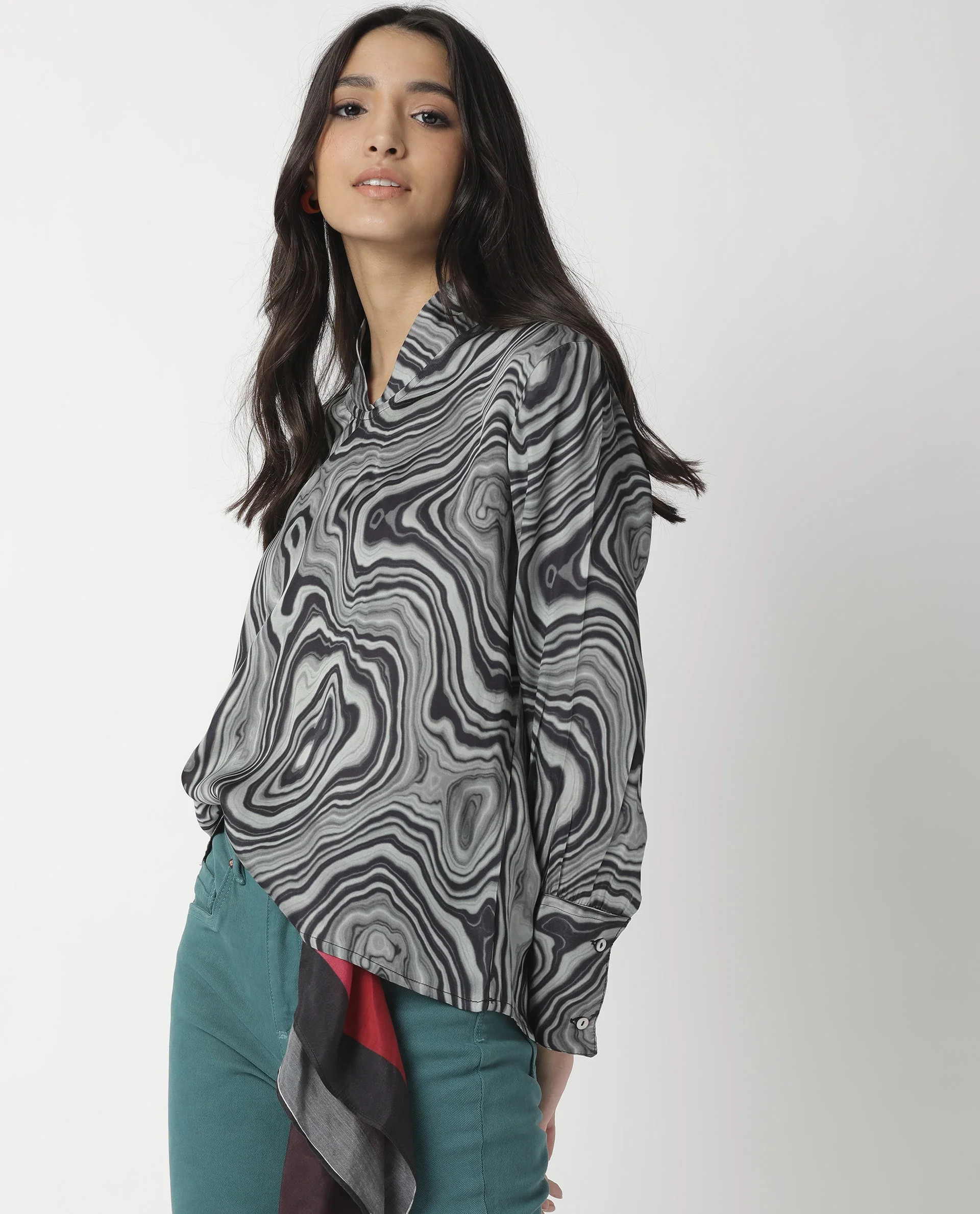 Rareism Womens Camp Black Top Modal Satin Fabric Regular Fit Cuffed Sleeve Mandarin Neck - Image 13