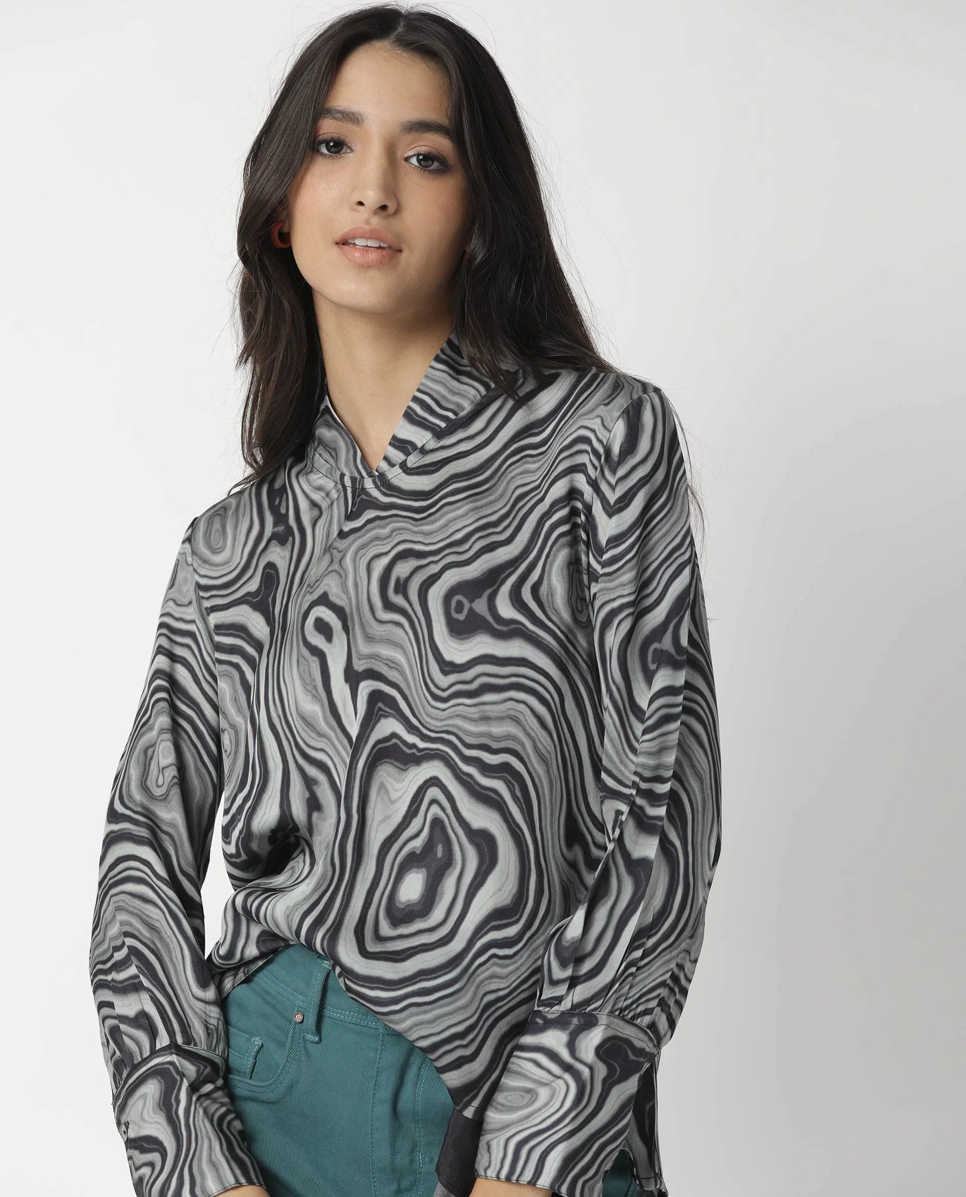 Rareism Womens Camp Black Top Modal Satin Fabric Regular Fit Cuffed Sleeve Mandarin Neck - Image 2