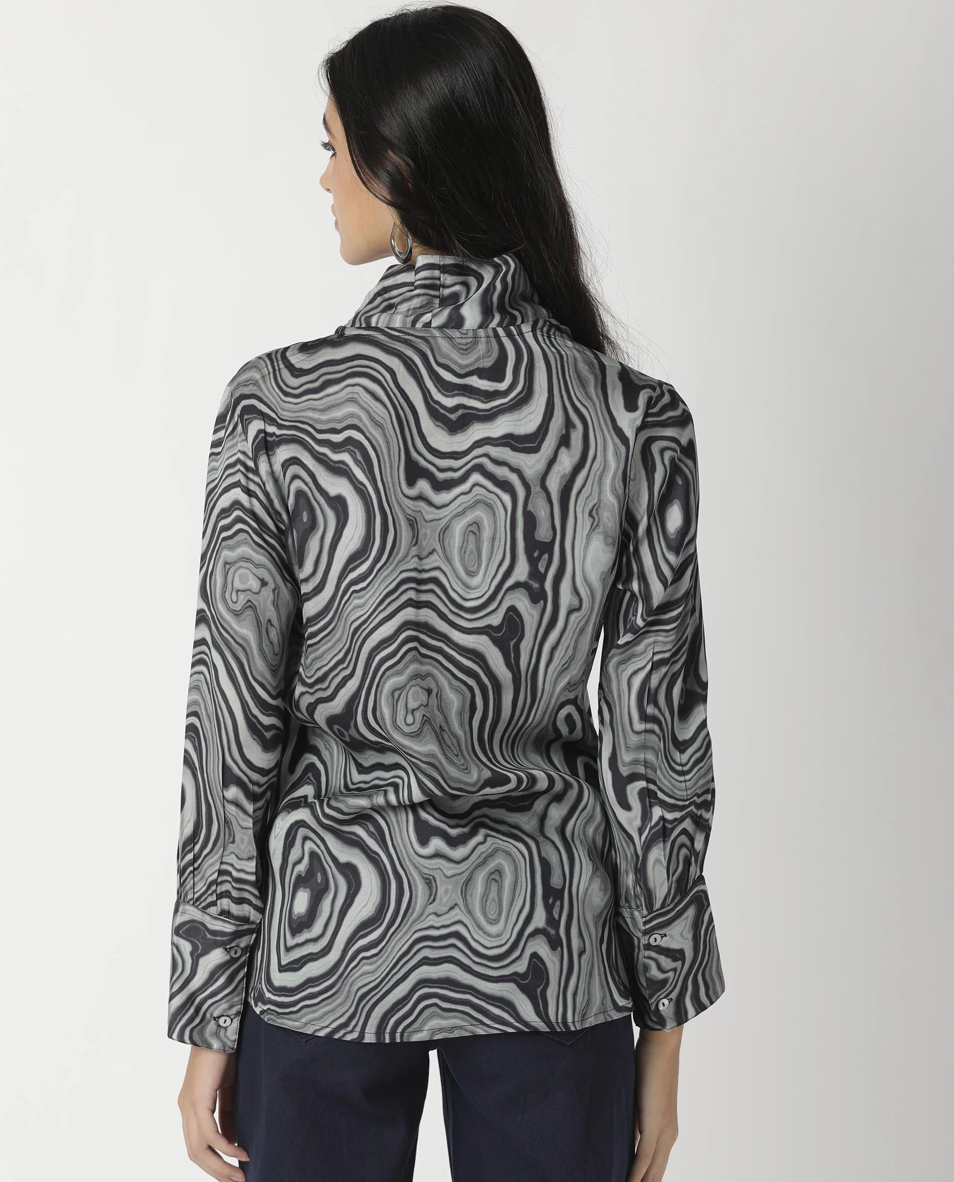 Rareism Womens Camp Black Top Modal Satin Fabric Regular Fit Cuffed Sleeve Mandarin Neck - Image 3