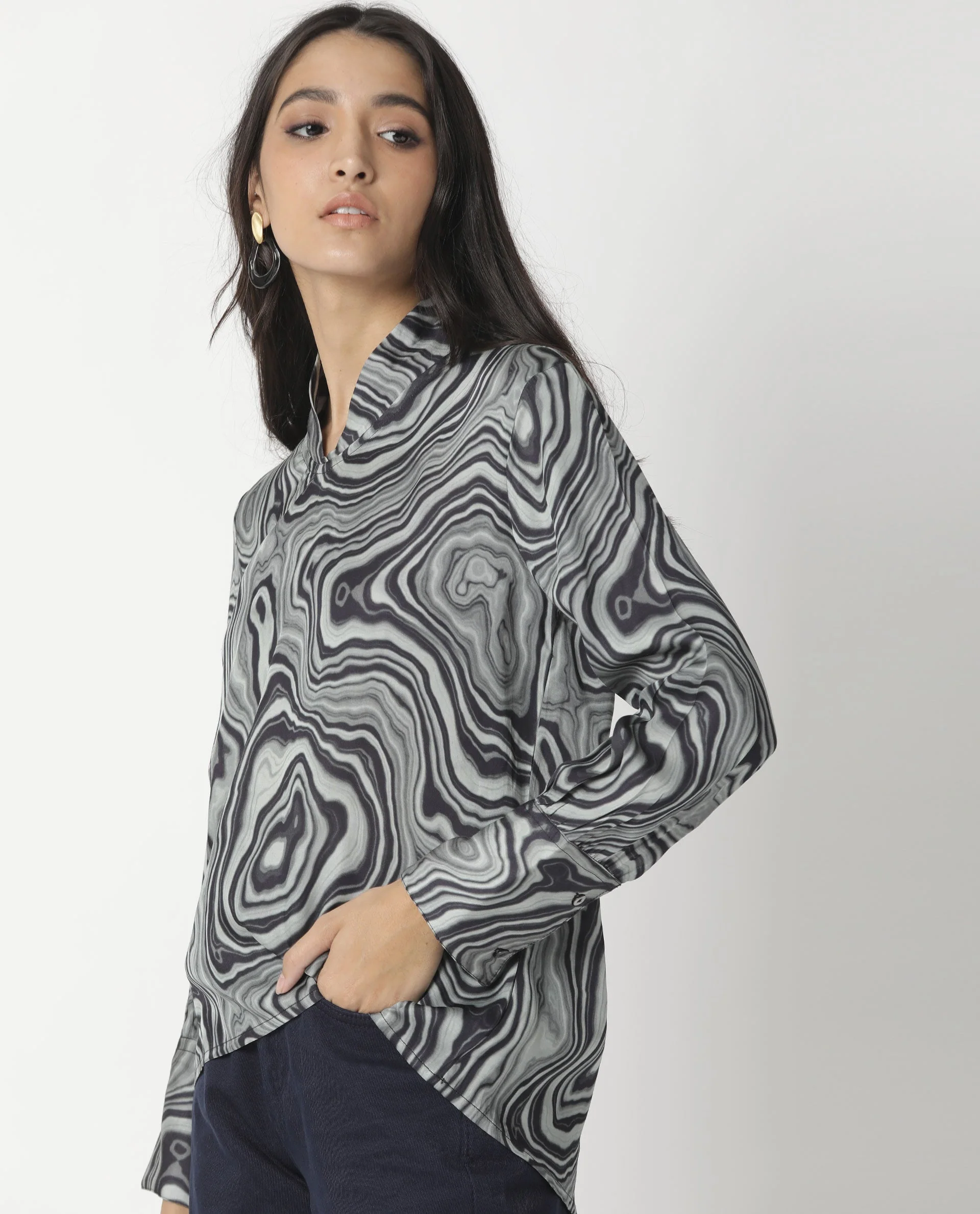 Rareism Womens Camp Black Top Modal Satin Fabric Regular Fit Cuffed Sleeve Mandarin Neck - Image 4