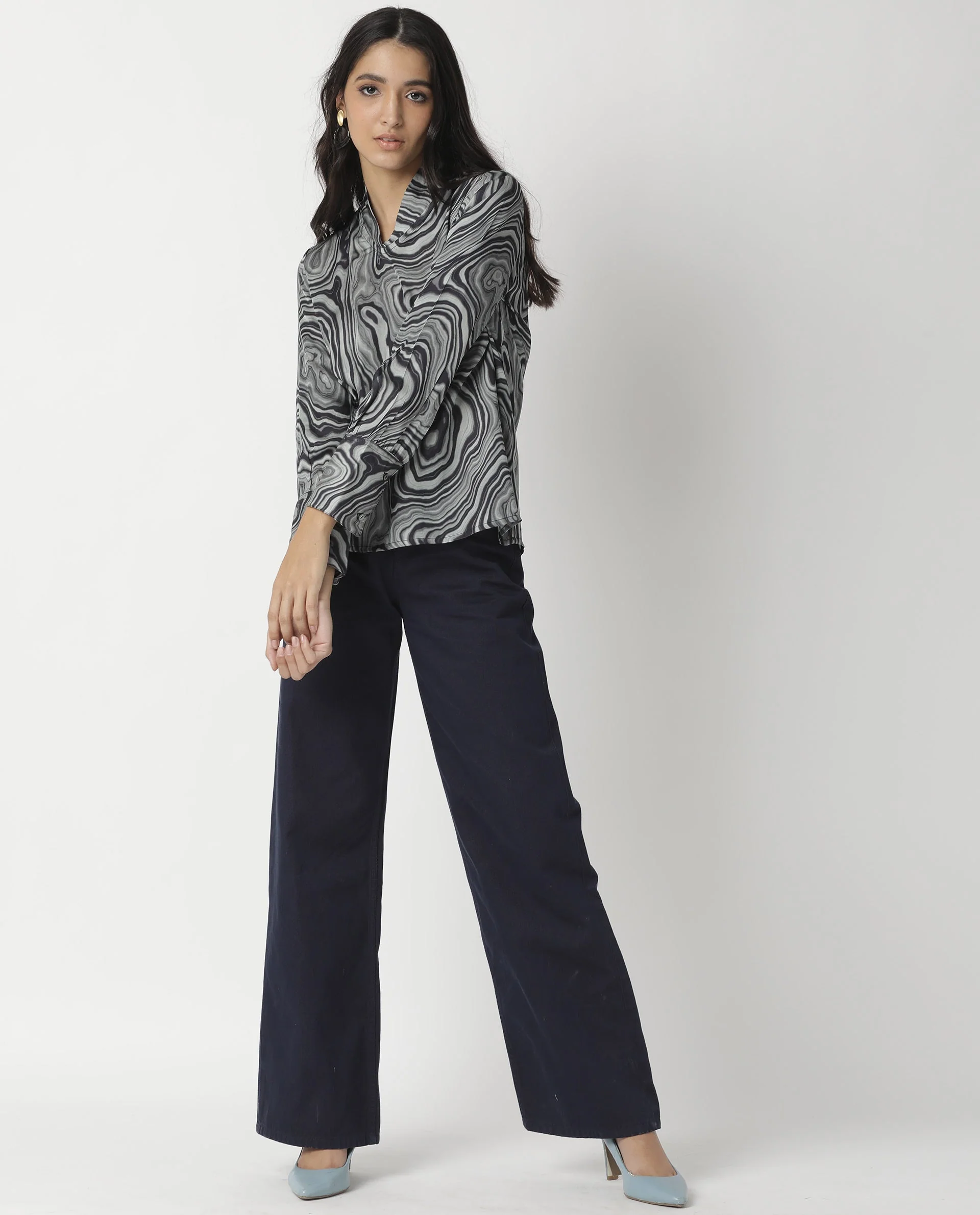Rareism Womens Camp Black Top Modal Satin Fabric Regular Fit Cuffed Sleeve Mandarin Neck - Image 5
