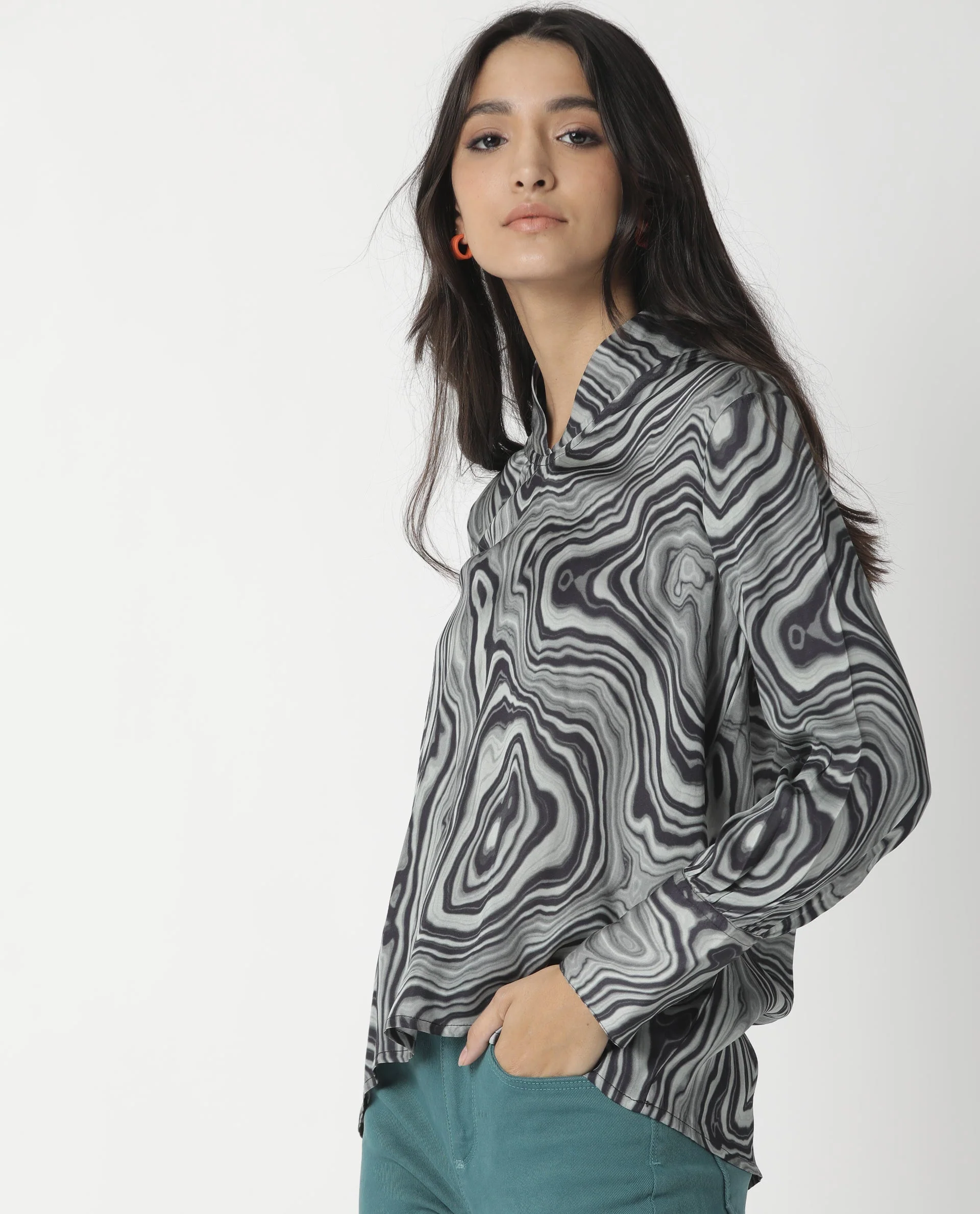 Rareism Womens Camp Black Top Modal Satin Fabric Regular Fit Cuffed Sleeve Mandarin Neck - Image 6