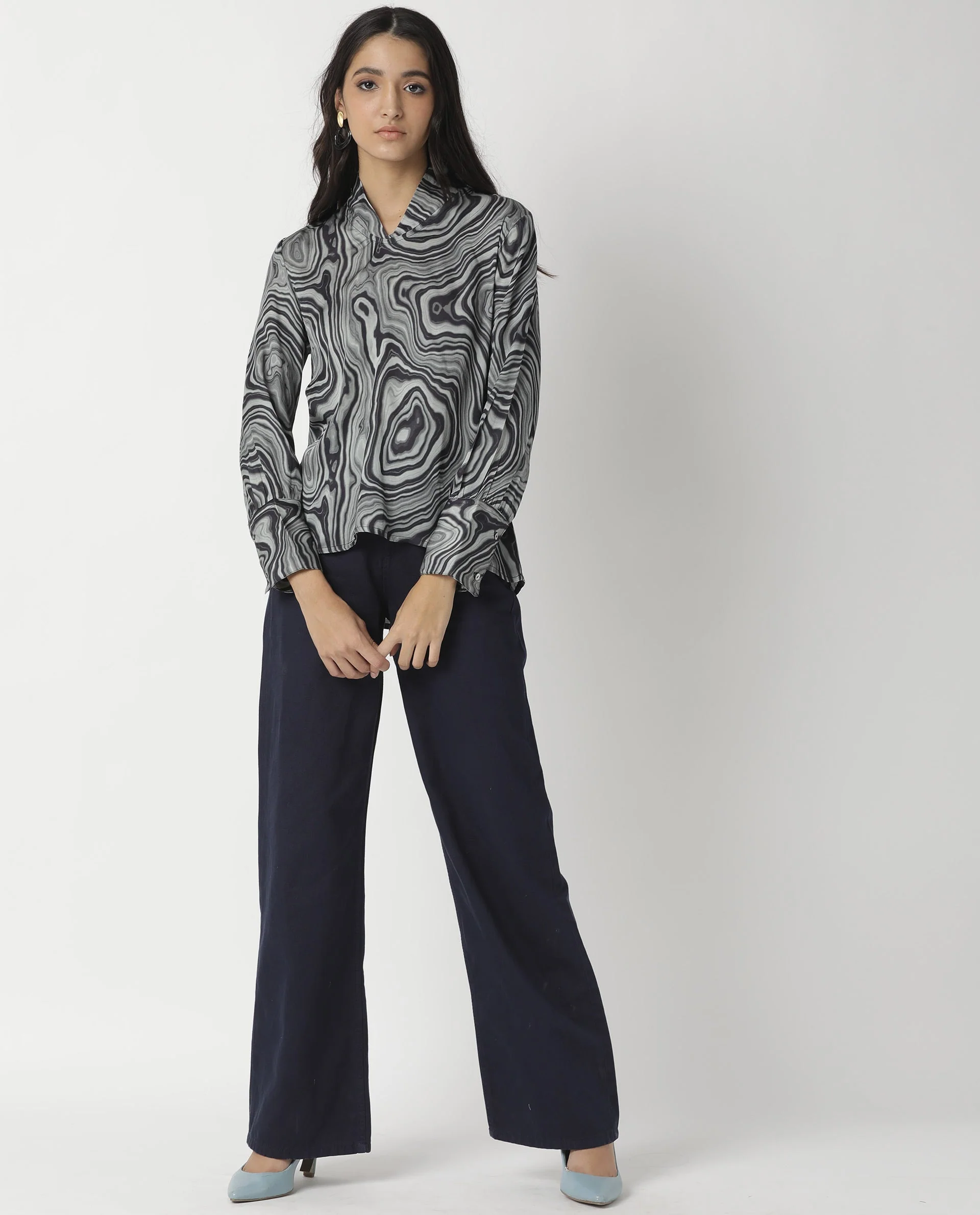 Rareism Womens Camp Black Top Modal Satin Fabric Regular Fit Cuffed Sleeve Mandarin Neck - Image 7