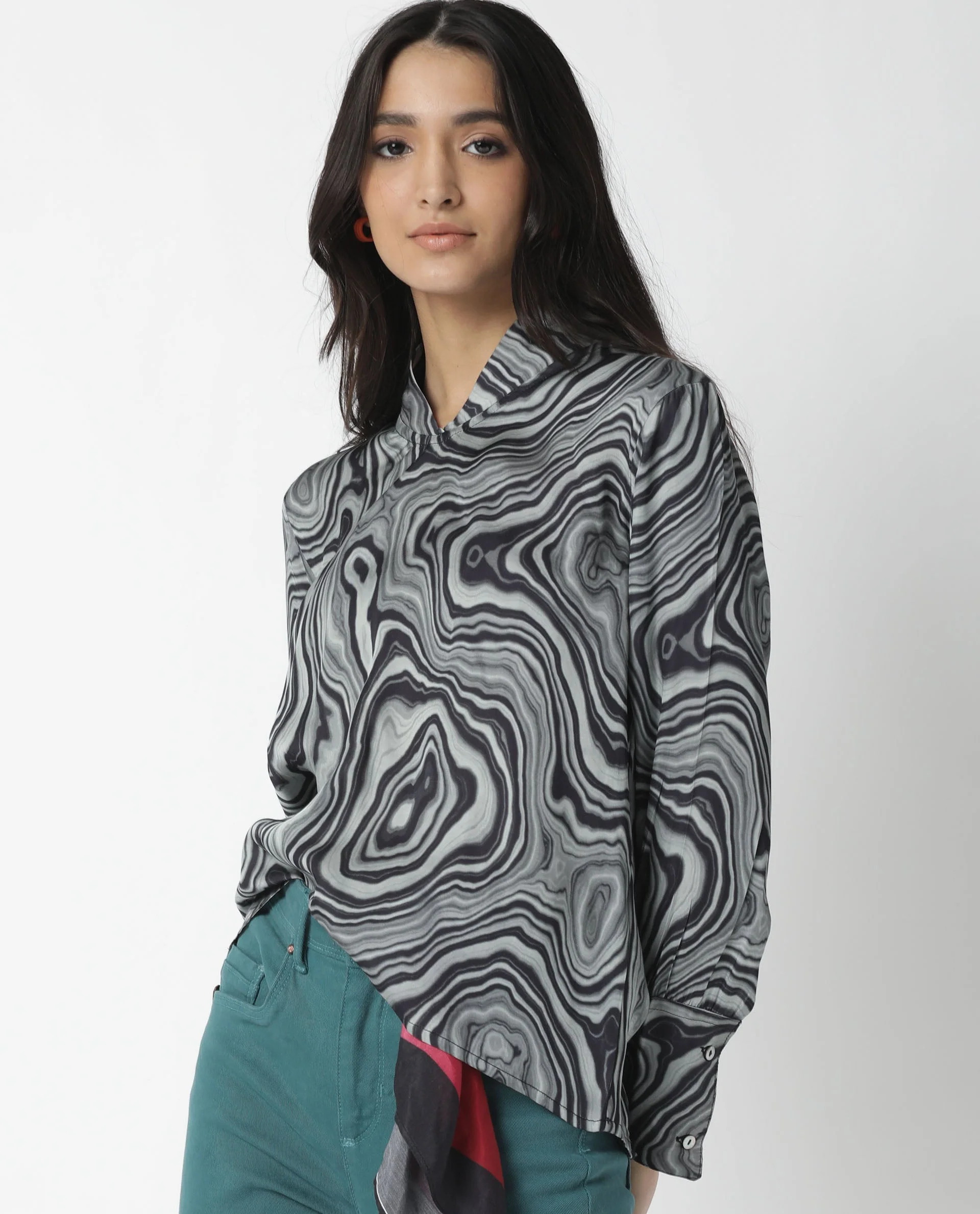 Rareism Womens Camp Black Top Modal Satin Fabric Regular Fit Cuffed Sleeve Mandarin Neck - Image 8