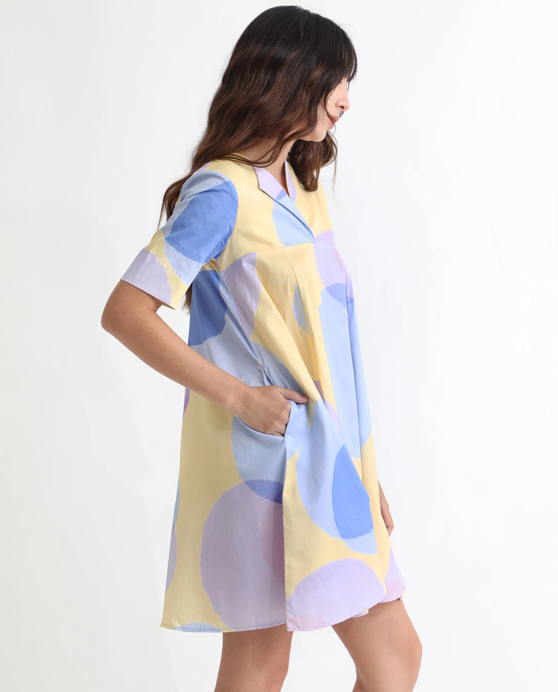 Rareism Women's Campbell Yellow Cotton Overlap Neck Abstract Print Knee Length Flared Dress - Image 10