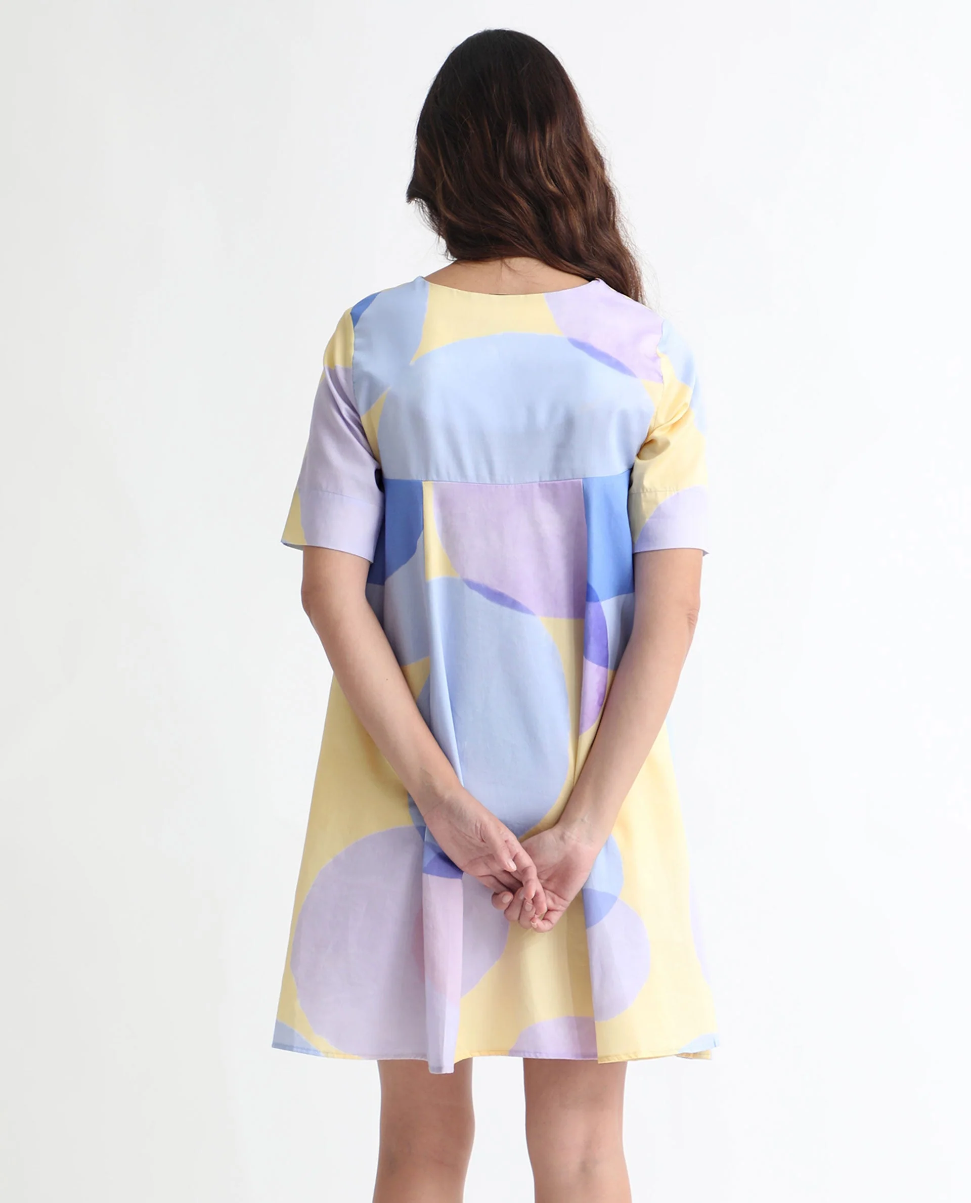 Rareism Women's Campbell Yellow Cotton Overlap Neck Abstract Print Knee Length Flared Dress - Image 11
